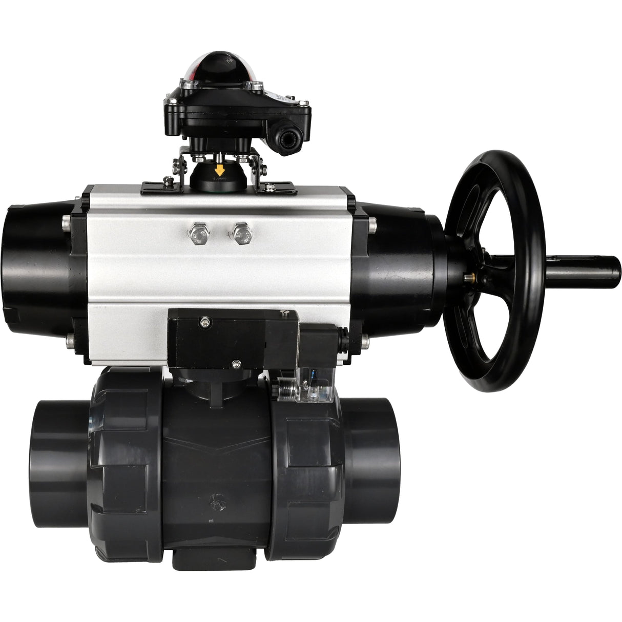 Ball valves Elephant BV4242E-FP-GRM-ISO, body material - UPVC, ball material - UPVC, seal - EPDM, with pneumatic actuator double action PA-DA-105-1, pneumatic distributor 4M310-08 220V and LSU APL-210N