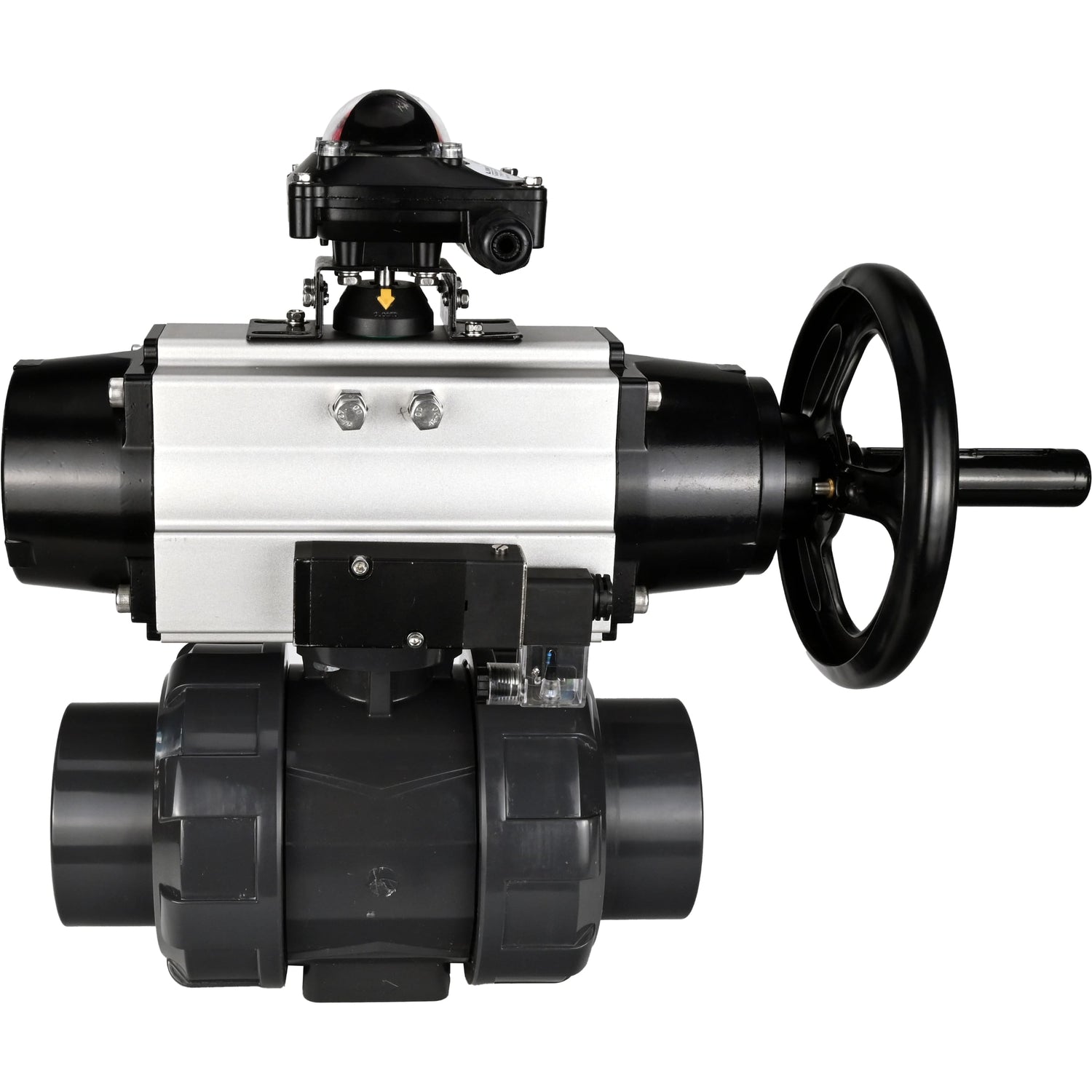 Ball valves Elephant BV4242E-FP-GRM-ISO, body material - UPVC, ball material - UPVC, seal - EPDM, with pneumatic actuator double action PA-DA-105-1, pneumatic distributor 4M310-08 220V and LSU APL-210N