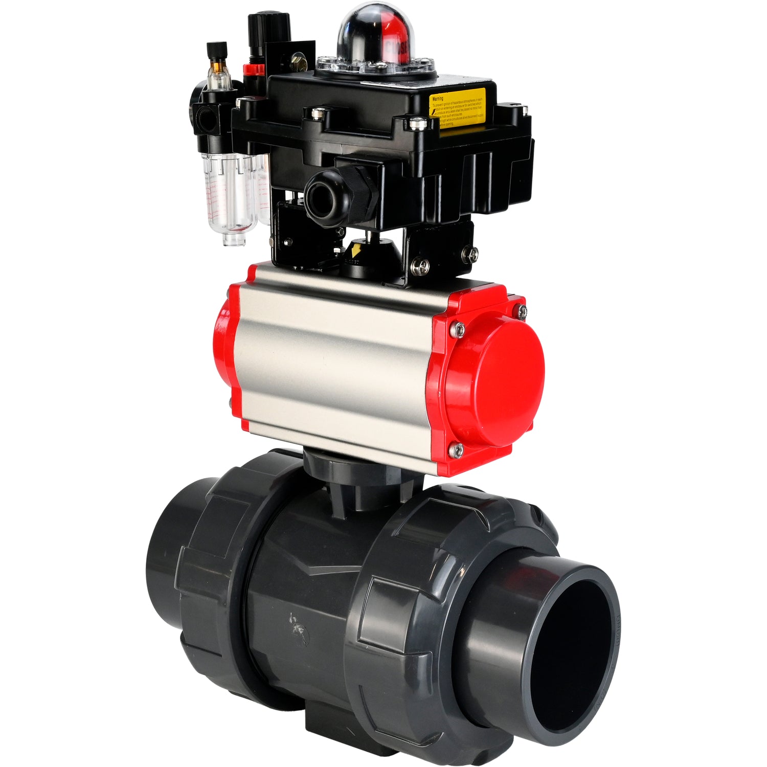 Ball valves Elephant BV4242E-FP-GRM-ISO, body material - UPVC, ball material - UPVC, seal - EPDM, with pneumatic actuator double action PA-DA, pneumatic distributor 4M310-08 220V, LSU APL-410N EX and ATU AFC2000