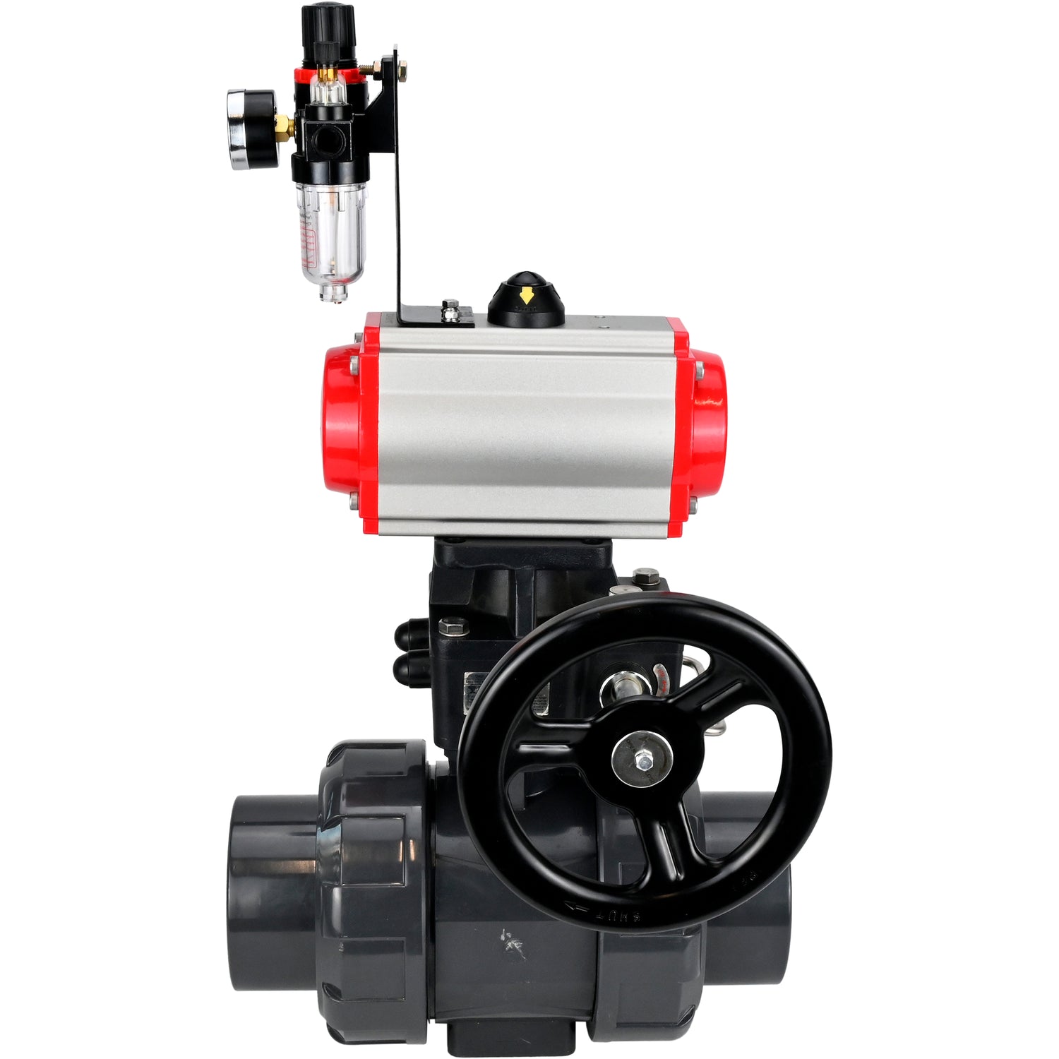 Ball valves Elephant BV4242E-FP-GRM-ISO, body material - UPVC, ball material - UPVC, seal - EPDM, with pneumatic actuator double action PA-DA, pneumatic distributor 4M310-08 220V, ATU AFC2000 and handwheel MON