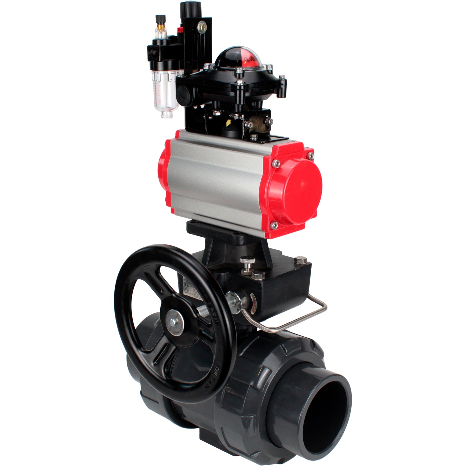 Ball valves Elephant BV4242E-FP-GRM-ISO, body material - UPVC, ball material - UPVC, seal - EPDM, with pneumatic actuator double action PA-DA, pneumatic distributor 4M310-08 24V, LSU APL-210N, ATU AFC2000 and handwheel MON