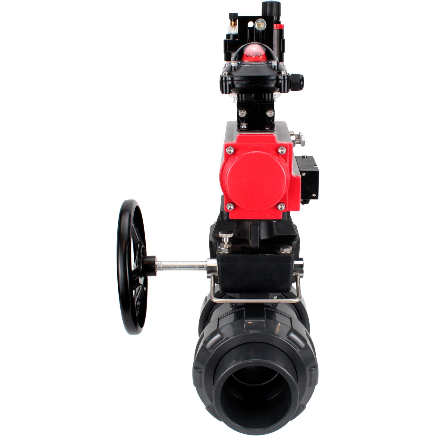Ball valves Elephant BV4242E-FP-GRM-ISO, body material - UPVC, ball material - UPVC, seal - EPDM, with pneumatic actuator double action PA-DA, pneumatic distributor 4M310-08 24V, LSU APL-210N, ATU AFC2000 and handwheel MON