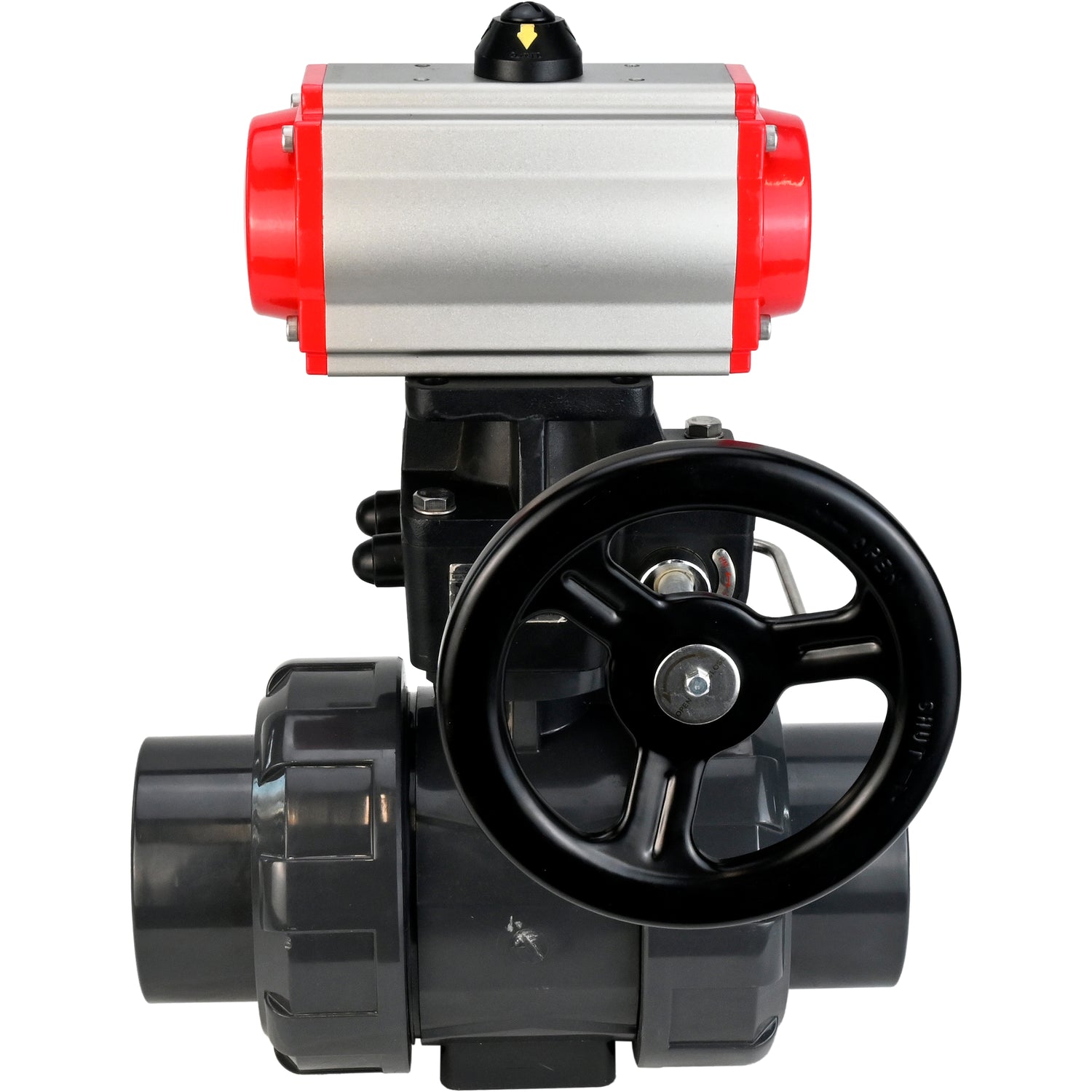 Ball valves Elephant BV4242E-FP-GRM-ISO, body material - UPVC, ball material - UPVC, seal - EPDM, with pneumatic actuator double action PA-DA, pneumatic distributor 4M310-08 24V and handwheel MON