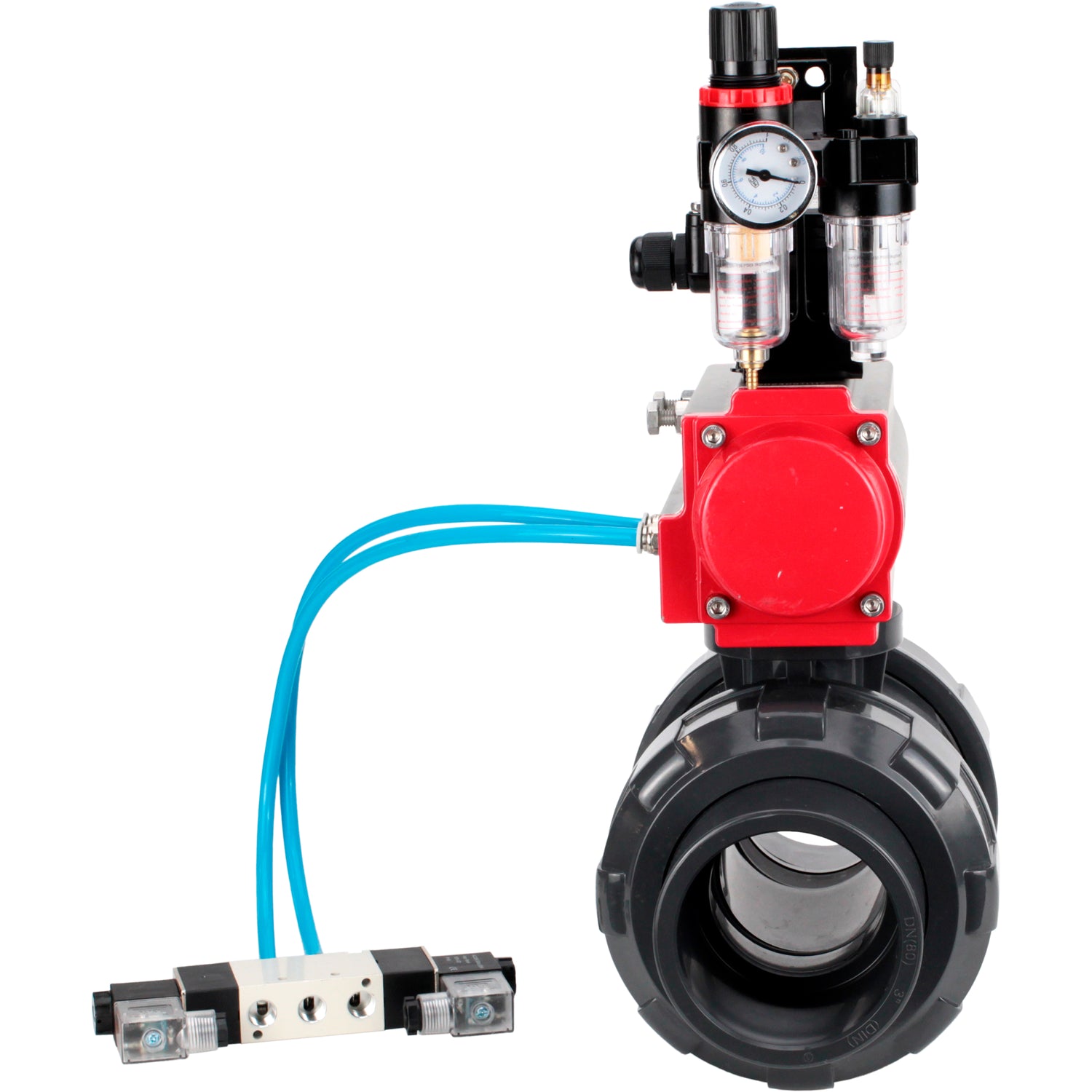 Ball valves Elephant BV4242E-FP-GRM-ISO, body material - UPVC, ball material - UPVC, seal - EPDM, with pneumatic actuator double action PA-DA, pneumatic distributor 4V320-10 220V, LSU APL-210N and ATU AFC2000