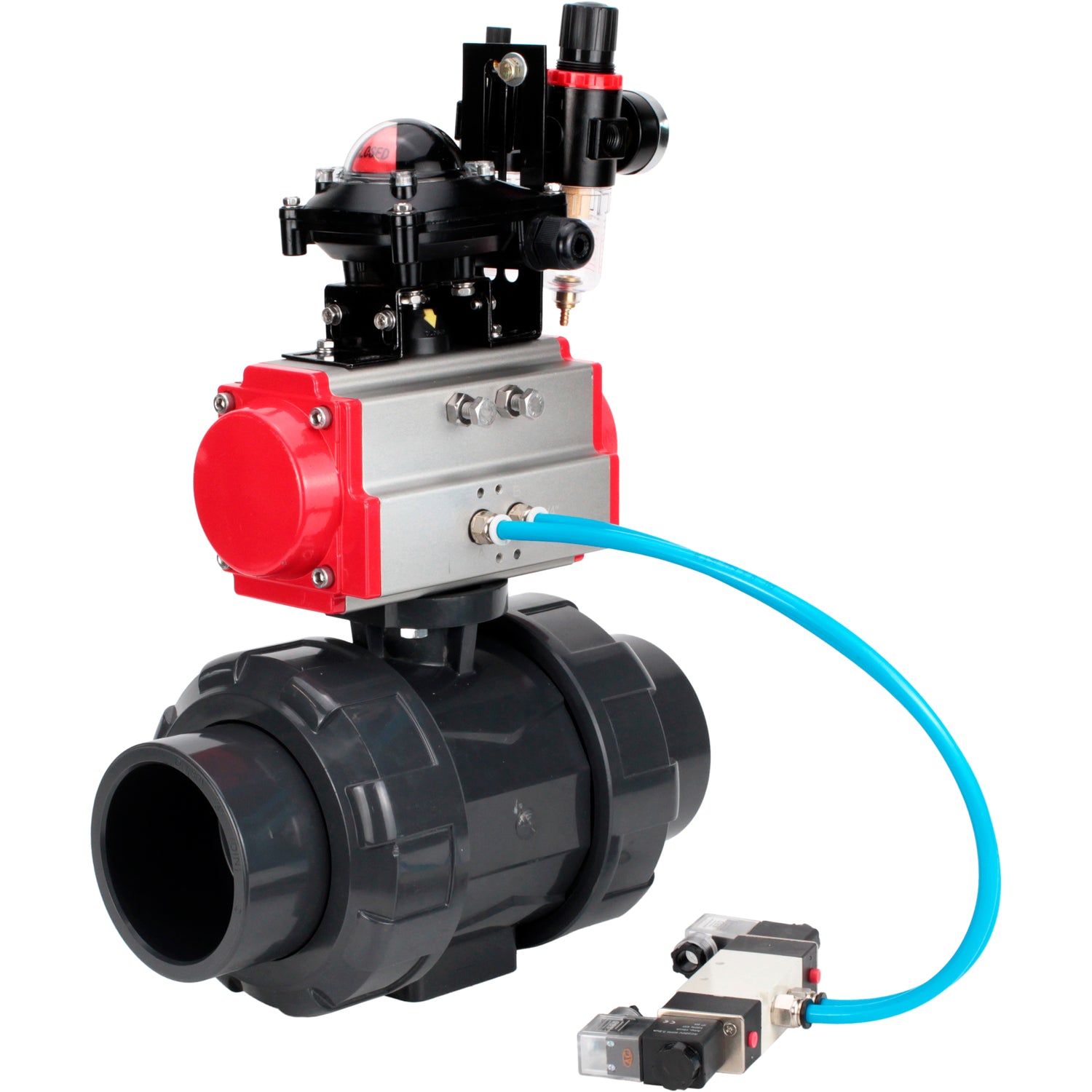 Ball valves Elephant BV4242E-FP-GRM-ISO, body material - UPVC, ball material - UPVC, seal - EPDM, with pneumatic actuator double action PA-DA, pneumatic distributor 4V320-10 220V, LSU APL-210N and ATU AFC2000