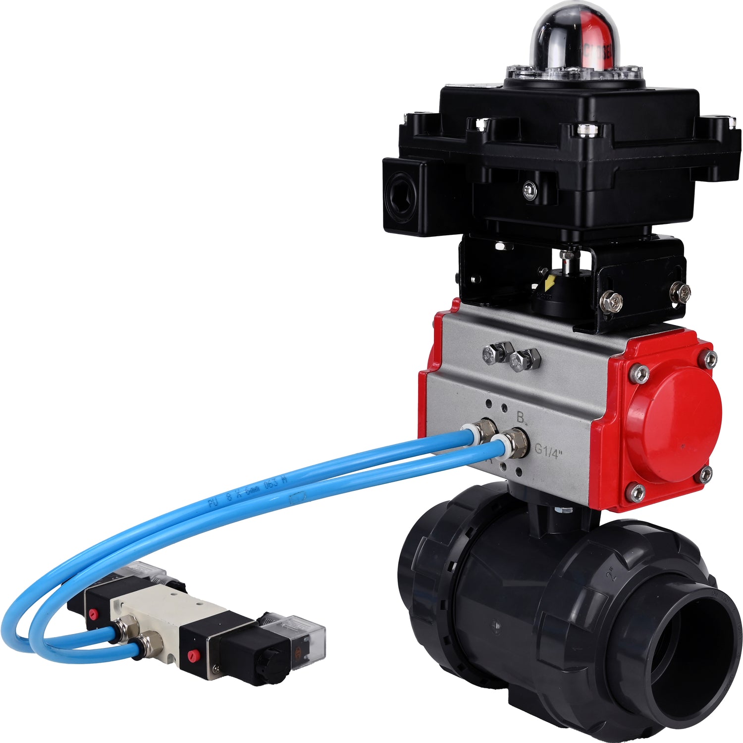 Ball valves Elephant BV4242E-FP-GRM-ISO, body material - UPVC, ball material - UPVC, seal - EPDM, with pneumatic actuator double action PA-DA, pneumatic distributor 4V320-10 220V and LSU APL-410N EX