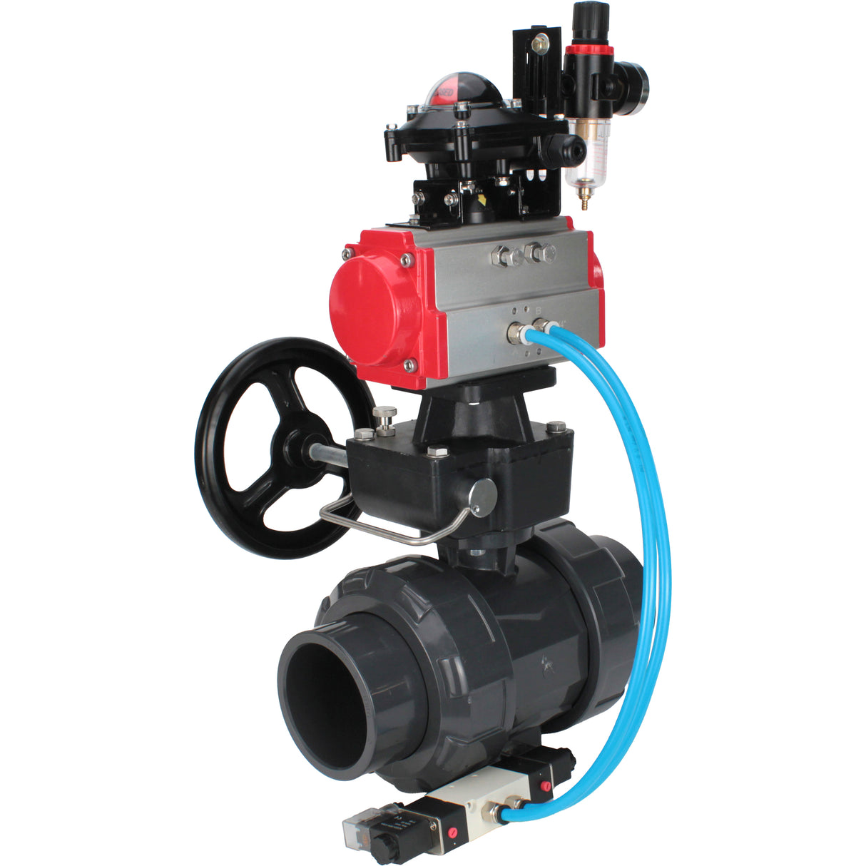 Ball valves Elephant BV4242E-FP-GRM-ISO, body material - UPVC, ball material - UPVC, seal - EPDM, with pneumatic actuator double action PA-DA, pneumatic distributor 4V320-08 220V, LSU APL-210N, ATU AFC2000 and handwheel MON