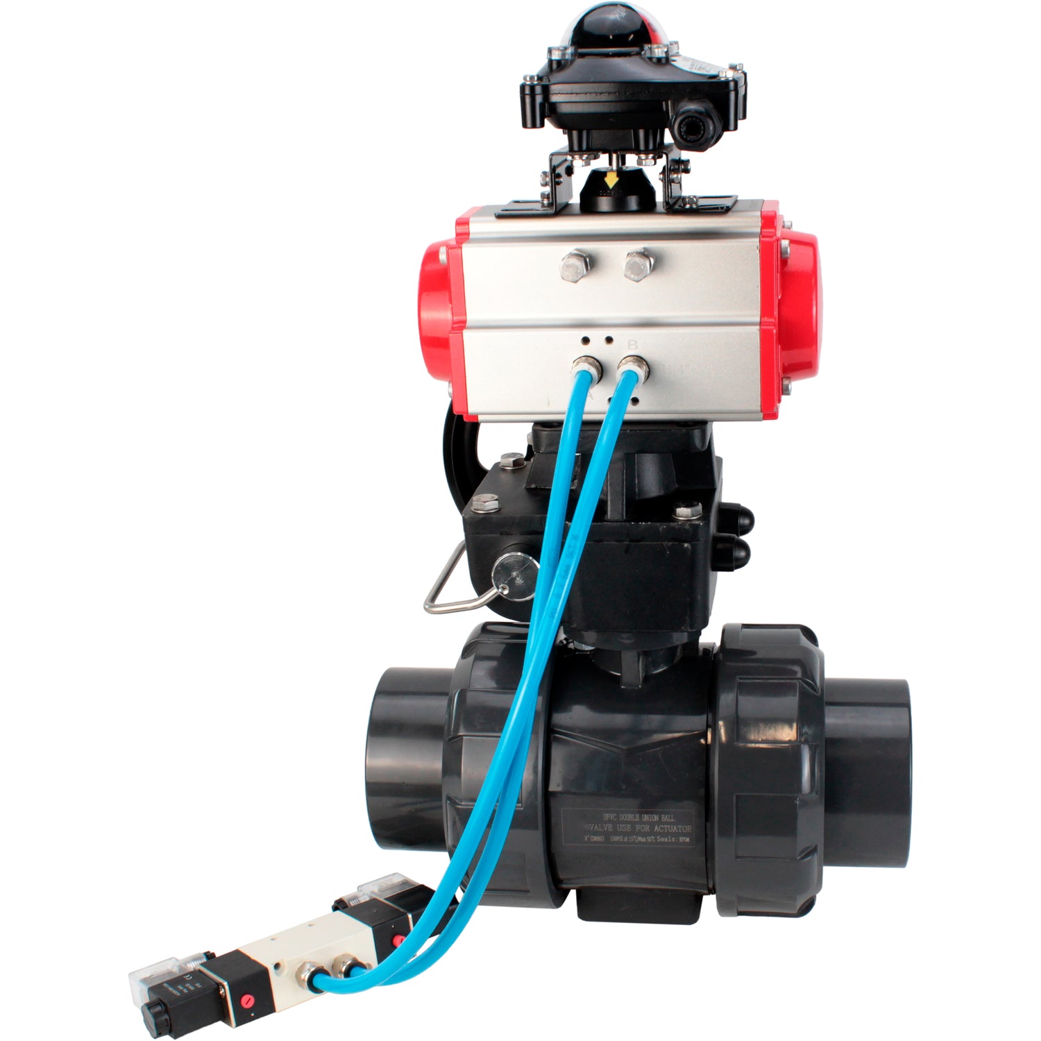 Ball valves Elephant BV4242E-FP-GRM-ISO, body material - UPVC, ball material - UPVC, seal - EPDM, with pneumatic actuator double action PA-DA, pneumatic distributor 4V320-08 220V, LSU APL-210N EX and handwheel MON