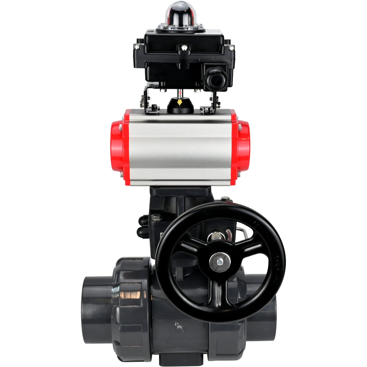 Ball valves Elephant BV4242E-FP-GRM-ISO, body material - UPVC, ball material - UPVC, seal - EPDM, with pneumatic actuator double action PA-DA, pneumatic distributor 4V320-08 220V, LSU APL-410N EX and handwheel MON