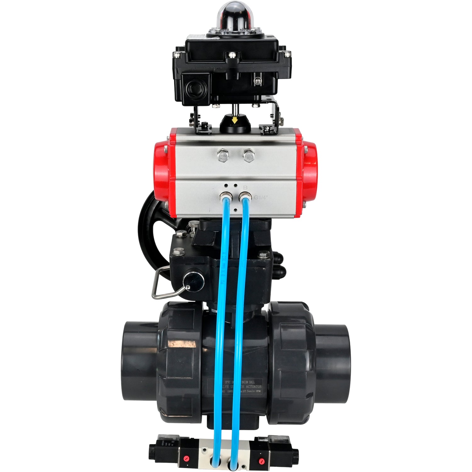 Ball valves Elephant BV4242E-FP-GRM-ISO, body material - UPVC, ball material - UPVC, seal - EPDM, with pneumatic actuator double action PA-DA, pneumatic distributor 4V320-08 220V, LSU APL-410N EX and handwheel MON