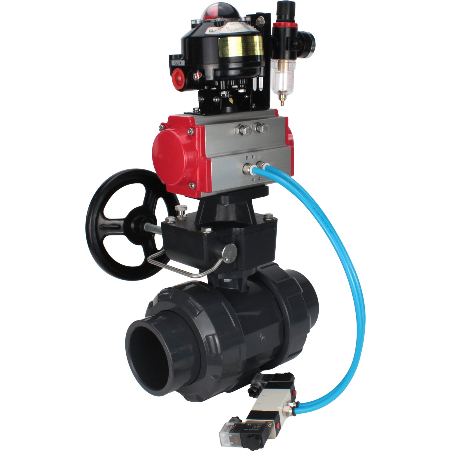 Ball valves Elephant BV4242E-FP-GRM-ISO, body material - UPVC, ball material - UPVC, seal - EPDM, with pneumatic actuator double action PA-DA, pneumatic distributor 4V320-08 220V, LSU APL-510N EX, ATU AFC2000 and handwheel MON