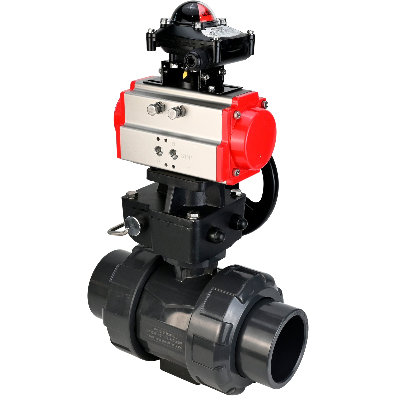 Ball valves Elephant BV4242E-FP-GRM-ISO, body material - UPVC, ball material - UPVC, seal - EPDM, with pneumatic actuator double action PA-DA, LSU APL-210N and handwheel MON