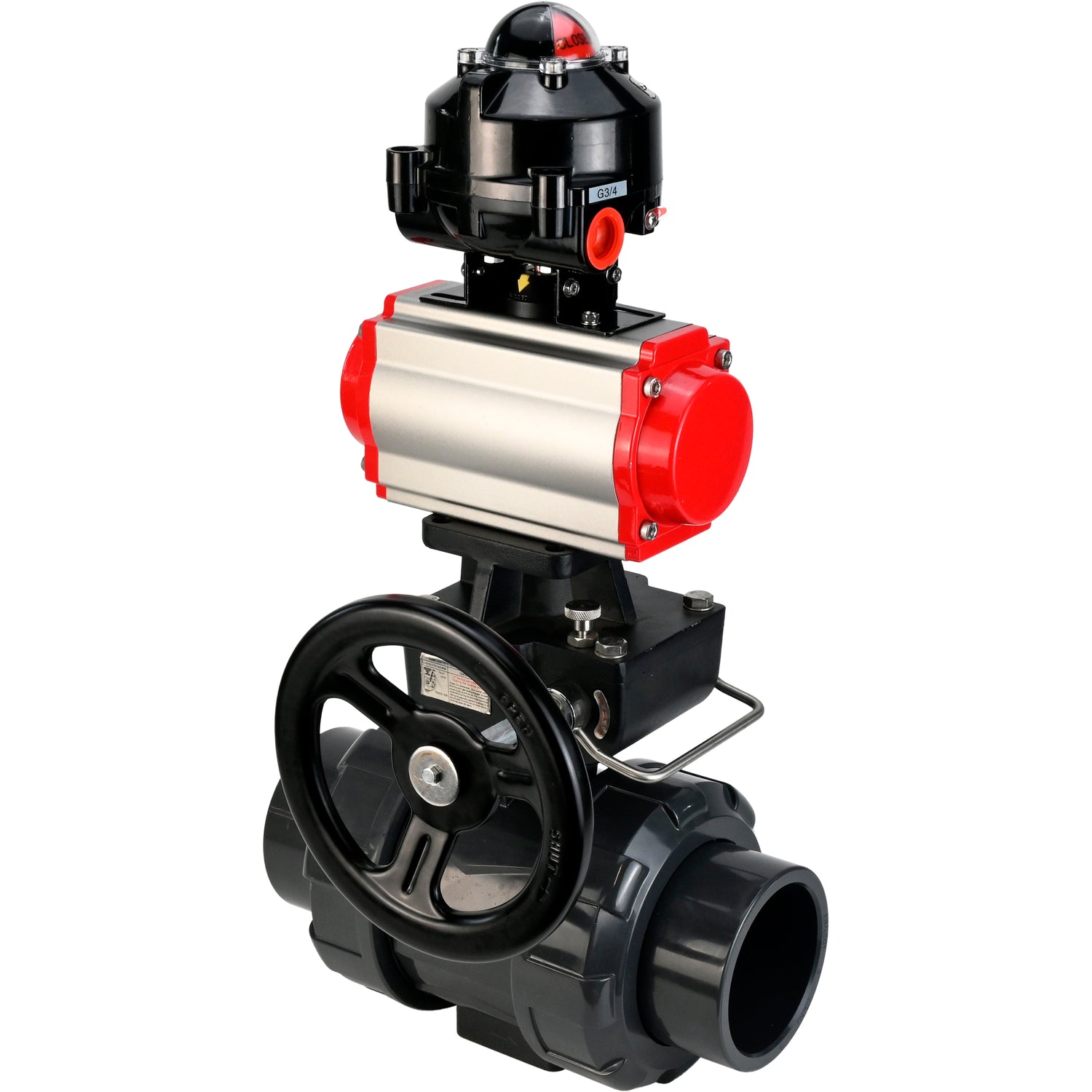 Ball valves Elephant BV4242E-FP-GRM-ISO, body material - UPVC, ball material - UPVC, seal - EPDM, with pneumatic actuator double action PA-DA, LSU APL-510N EX and handwheel MON