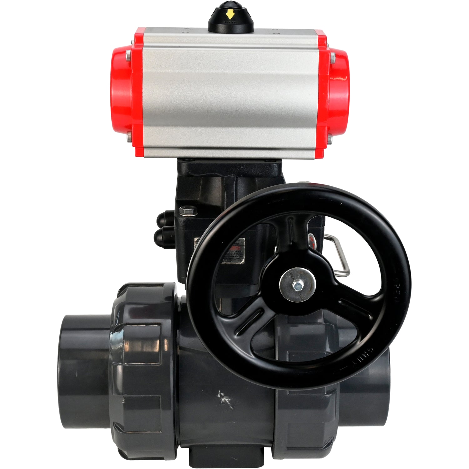 Ball valves Elephant BV4242E-FP-GRM-ISO, body material - UPVC, ball material - UPVC, seal - EPDM, with pneumatic actuator double action PA-DA and handwheel MON