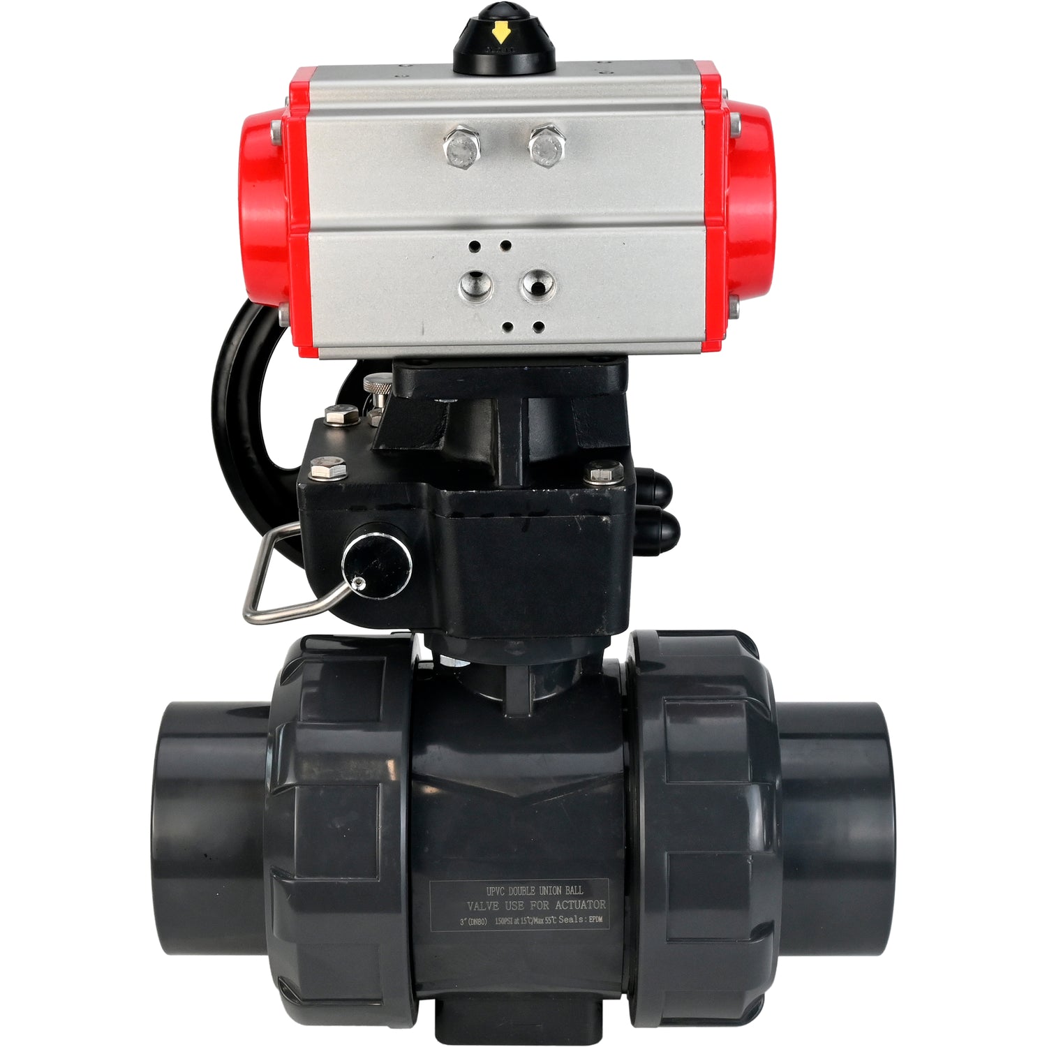 Ball valves Elephant BV4242E-FP-GRM-ISO, body material - UPVC, ball material - UPVC, seal - EPDM, with pneumatic actuator double action PA-DA and handwheel MON
