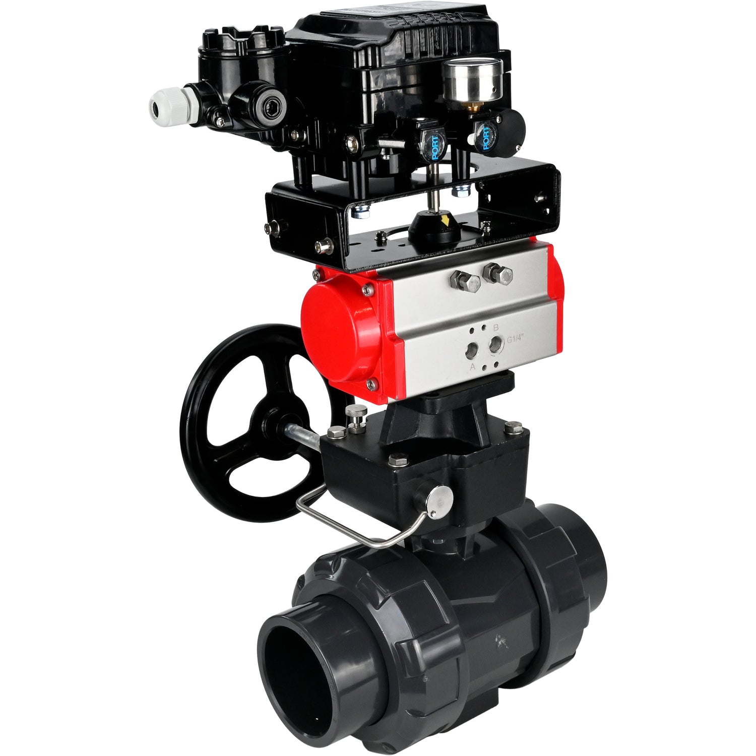 Ball valves Elephant BV4242E-FP-GRM-ISO, body material - UPVC, ball material - UPVC, seal - EPDM, with pneumatic actuator double action PA-DA, electro-pneumatic rotary positioner YT-1000RSN with feedback and handwheel MON