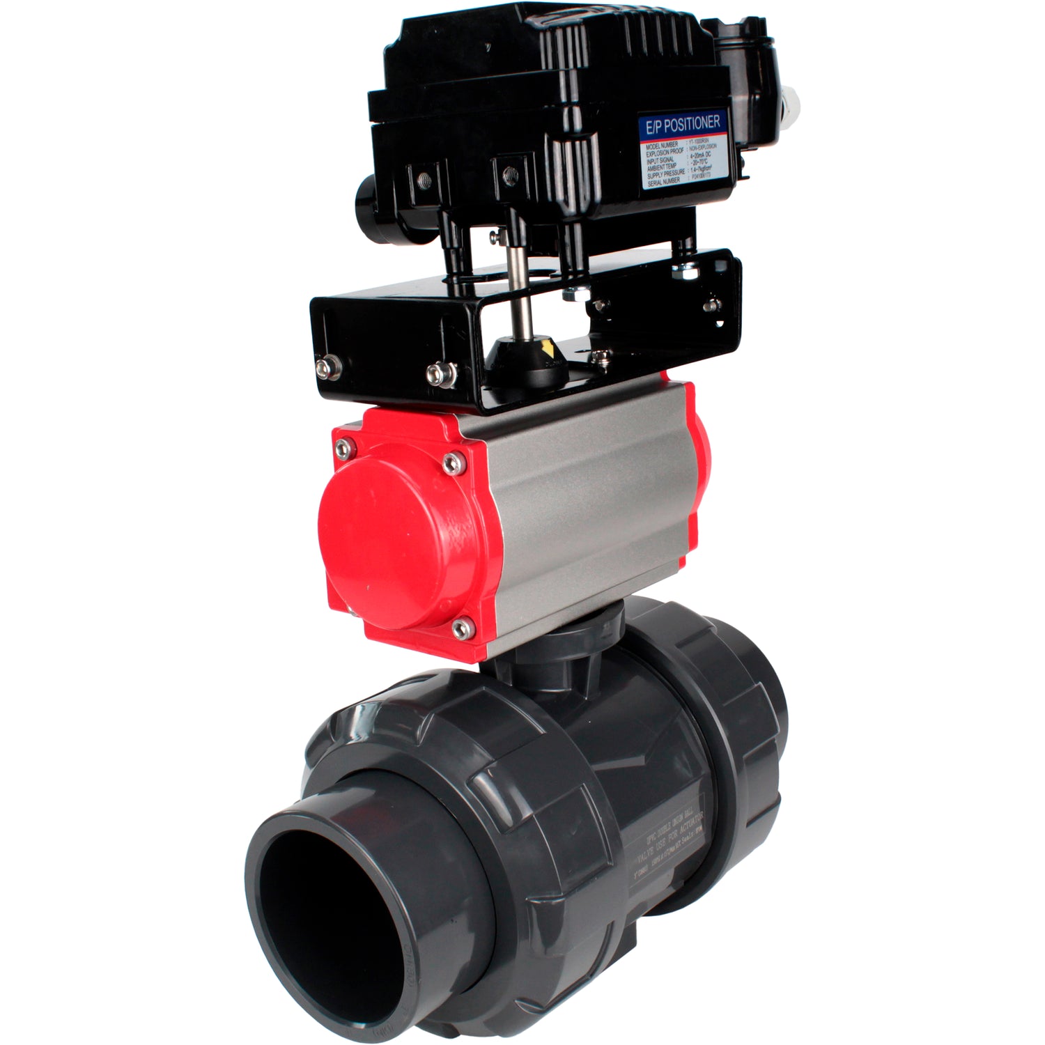 Ball valves Elephant BV4242E-FP-GRM-ISO, body material - UPVC, ball material - UPVC, seal - EPDM, with pneumatic actuator double action PA-DA and electro-pneumatic rotary positioner YT-1000RSN without feedback