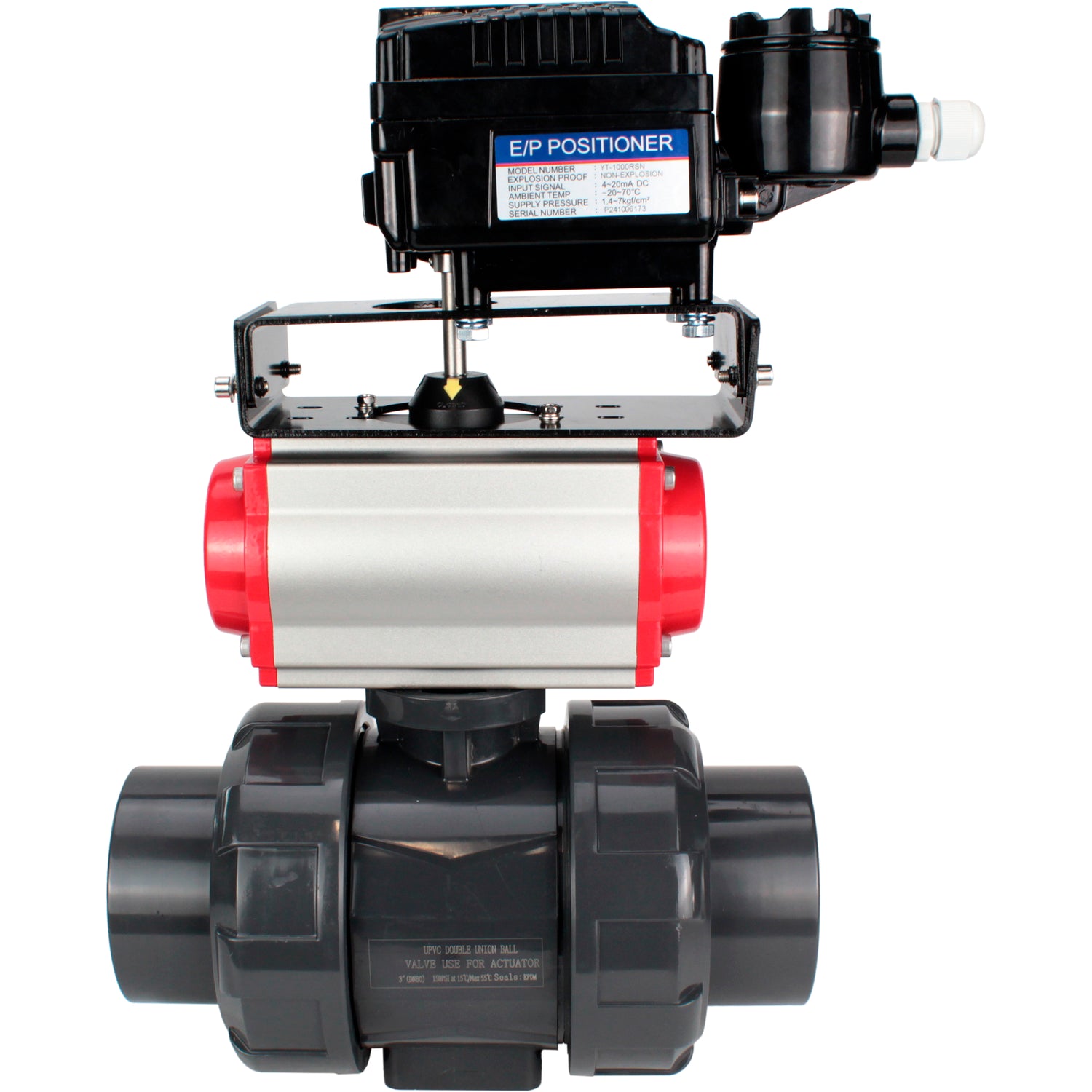 Ball valves Elephant BV4242E-FP-GRM-ISO, body material - UPVC, ball material - UPVC, seal - EPDM, with pneumatic actuator double action PA-DA and electro-pneumatic rotary positioner YT-1000RSN without feedback