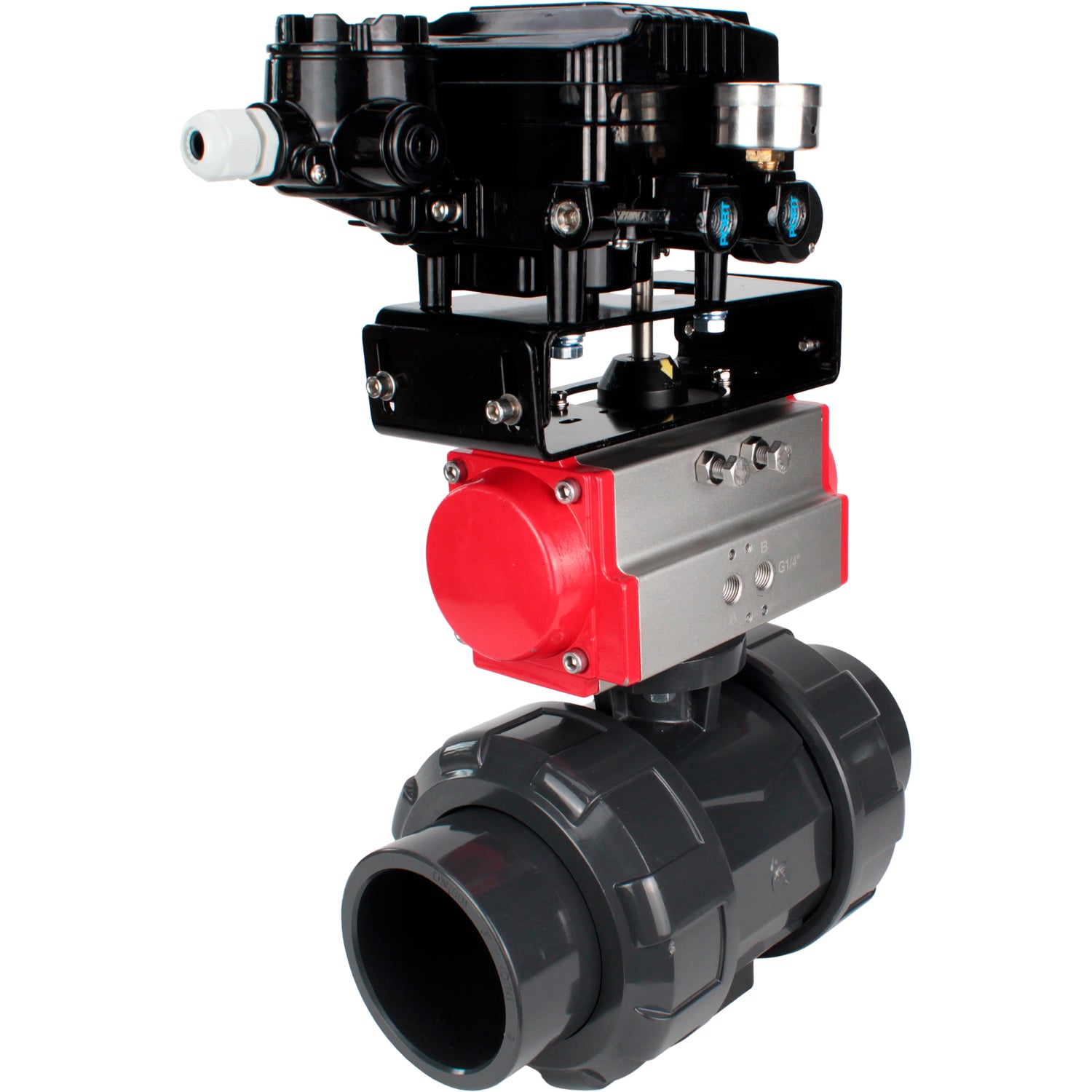Ball valves Elephant BV4242E-FP-GRM-ISO, body material - UPVC, ball material - UPVC, seal - EPDM, with pneumatic actuator double action PA-DA and electro-pneumatic rotary positioner YT-1000RSN with feedback