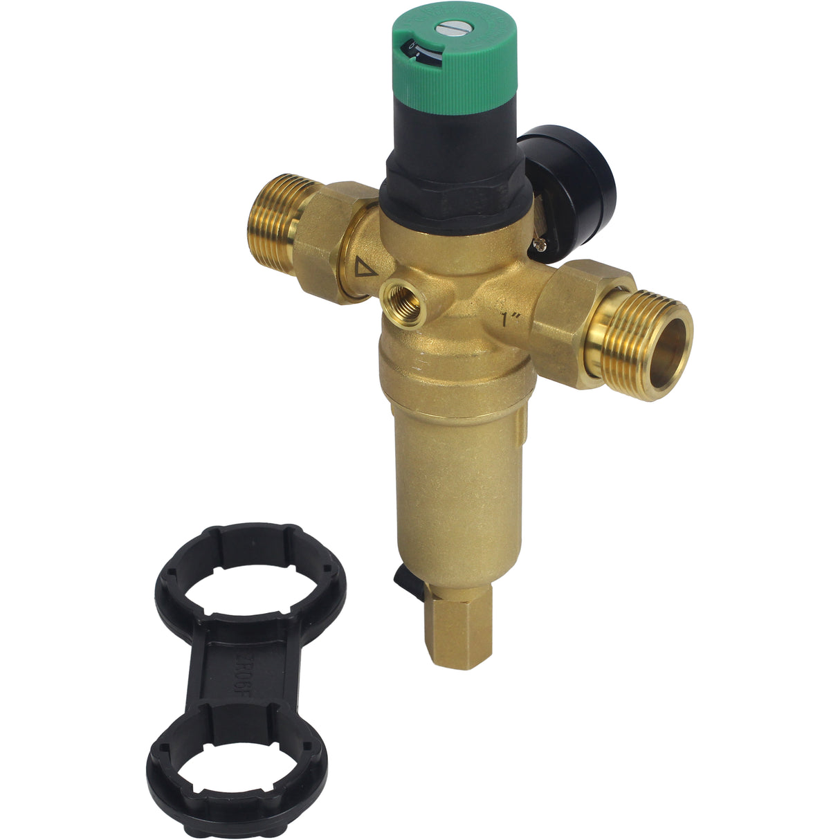 Filtre de chasse d'eau Elephant FMTWR0031-T fileté, en forme de T, corps - laiton, maille - acier inoxydable 304, avec manomètre et avec réducteur