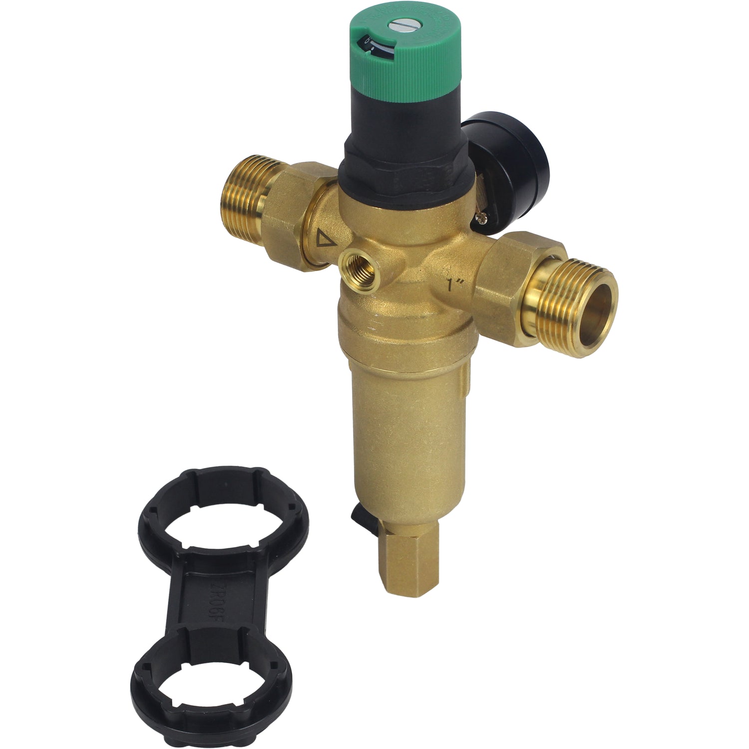 Filtre de chasse d'eau Elephant FMTWR0031-T fileté, en forme de T, corps - laiton, maille - acier inoxydable 304, avec manomètre et avec réducteur