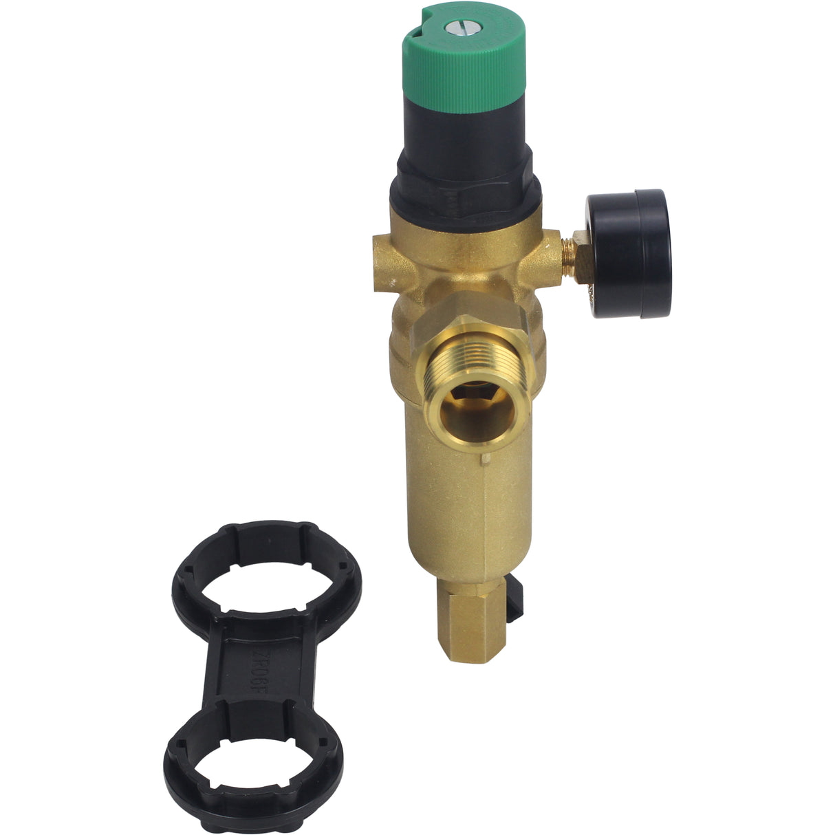 Filtre de chasse d'eau Elephant FMTWR0031-T fileté, en forme de T, corps - laiton, maille - acier inoxydable 304, avec manomètre et avec réducteur