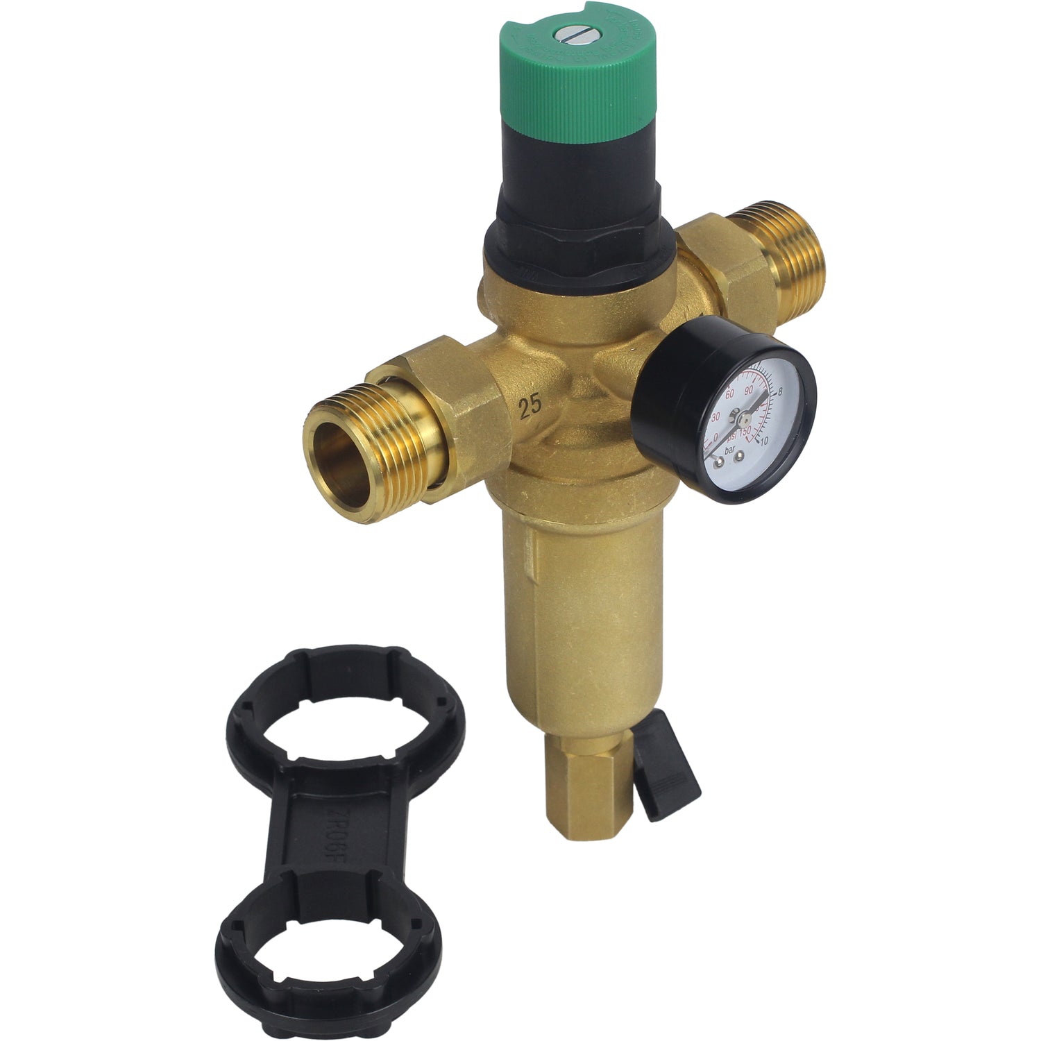 Filtre de chasse d'eau Elephant FMTWR0031-T fileté, en forme de T, corps - laiton, maille - acier inoxydable 304, avec manomètre et avec réducteur