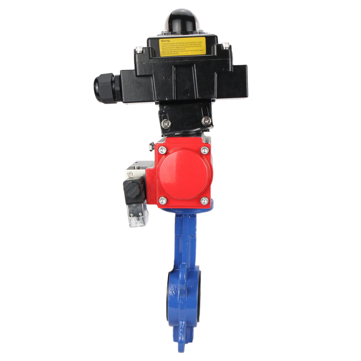 Vanne papillon d'eau Elephant GGG50-GGG40-EPDM matériau du corps - fonte GGG50, matériau du disque - fonte GGG40, joint - EPDM avec actionneur pneumatique Elephant SA, distributeur pneumatique 4M310-08 24V et bloc de fin de course APL-410N EX