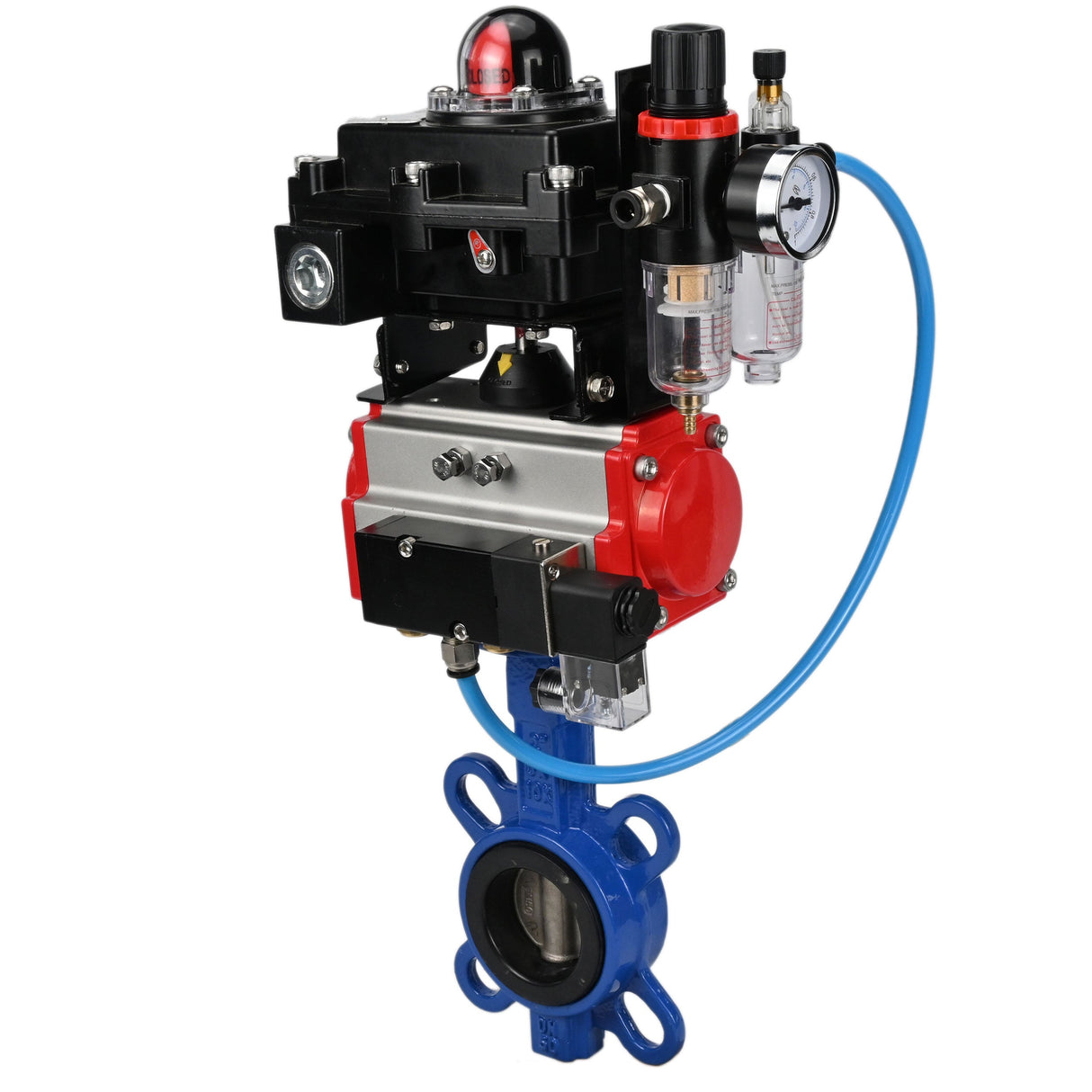 Water butterfly valve Elephant GGG50-GGG40-EPDM body material - cast iron GGG50, disk material - cast iron GGG40, seal - EPDM with pneumatic actuator Elephant SA, pneumatic distributor 4M310-08 24V, limit switch block APL-410N EX and air filter AFC2000