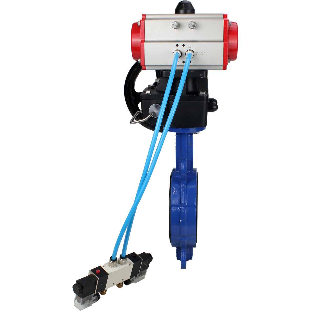 Vanne papillon d'eau Elephant WBV1413E-2W-Fb-H, matériau du corps - fonte GGG50, matériau du disque - fonte GGG40, joint - EPDM, avec actionneur pneumatique double effet PA-DA, 4V320-08 220V, volant MON