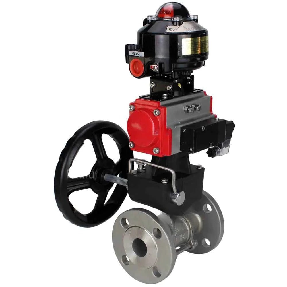 Ball valves Elephant BV3232P(3pc)-FP-F-ISO-H DN65-100 25/40 bar flanged, body - 316 stainless steel, full bore, seal - PTFE, with pneumatic drive PA-DA pneumatic distributor 4M310-08 NAMUR 220V, LSU APL-510N Ex, manual backup MON3-700-T38-ISO