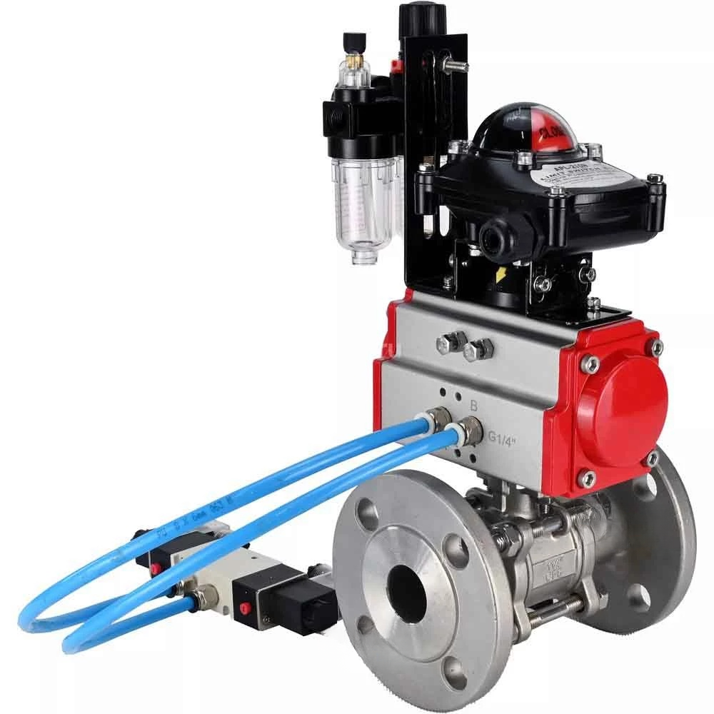 Ball valves Elephant BV3232P(3pc)-FP-F-ISO-H DN65-100 25/40 bar flanged with ISO flange, body - 316 stainless steel, full bore, seal - PTFE, with PA-SA pneumatic actuator, pneumatic distributor 4V320-10 220V, LSU APL-210N, ATU AFC2000