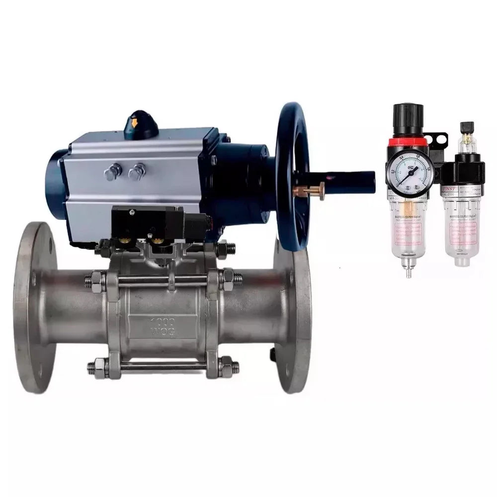 Ball valves Elephant BV3232P(3pc)-FP-F-ISO-H DN65-100 25/40 bar flanged with ISO flange, body - 316 stainless steel, full bore, seal - PTFE, with pneumatic drive PA-DA-105-1, pneumatic distributor 4V320-08 220V, ATU AFC2000