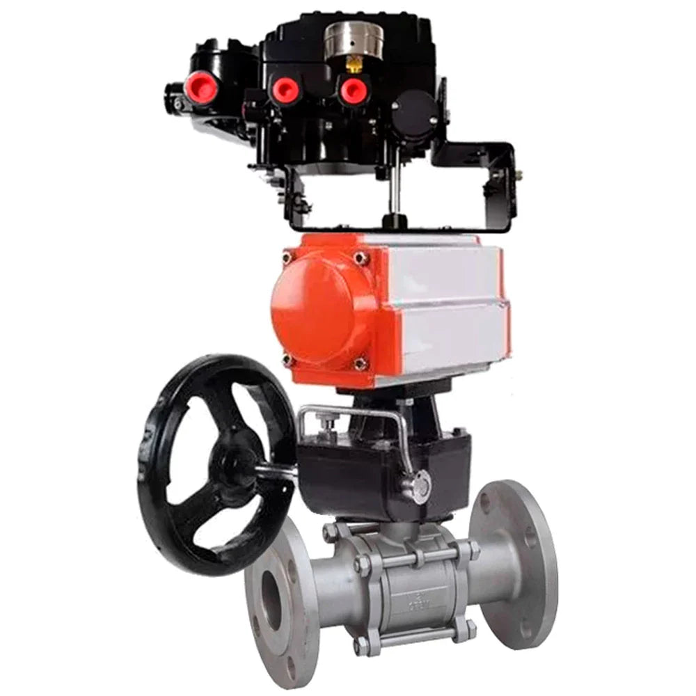 Ball valves Elephant BV3232P(3pc)-FP-F-ISO-H DN65-100 25/40 bar flanged, 316 stainless steel, full bore, seal - PTFE, with pneumatic drive PA-DA  and MON3-700-T38-ISO manual backup, YT-1000RSN electro-pneumatic positioner with feedback