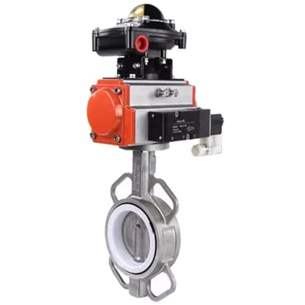 Water butterfly valve Elephant 316L-316L-PTFE body material - stainless steel aisi 316l, disk material - stainless steel AISI 316L, seal - PTFE with pneumatic actuator with return springs Elephant SA and pneumatic distributor 4M310-08 220V and limit