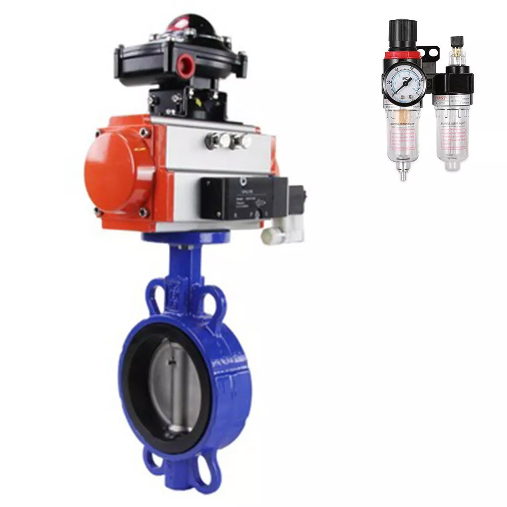 Water Butterfly Valve Elephant WBV3432V-2W-Fb-H, body material - carbon steel, disk material - stainless steel AISI 316L, seal - Viton, with pneumatic actuator with return springs PA-SA, 4V320-08 220V, LSU APL-510N-EX, ATU AFC2000