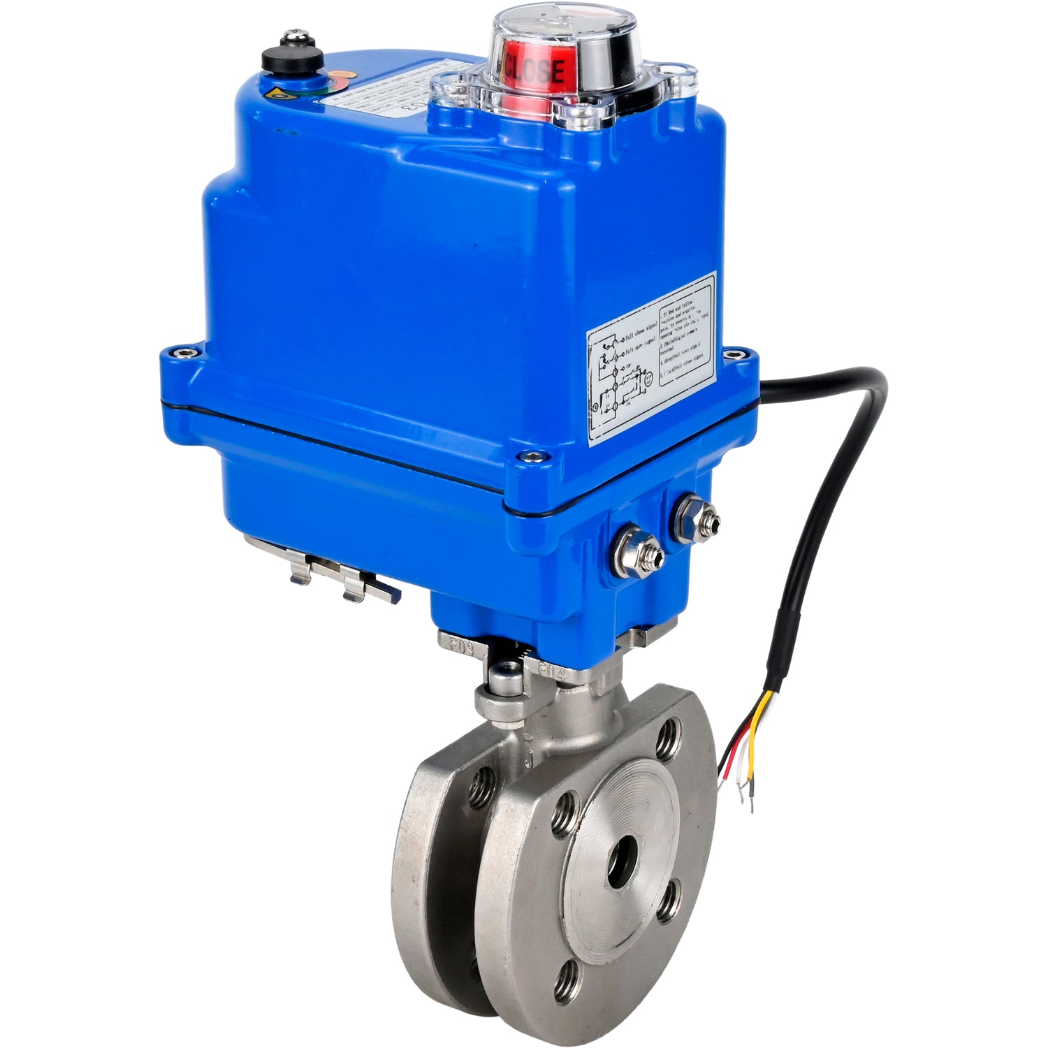 Válvula de bola de acero inoxidable Elephant BV3232P-FP-Fb PSI232, material del cuerpo - acero inoxidable AISI 316, junta - PTFE, paso completo, brida compacta, actuador eléctrico Elephant 003 azul 24 V