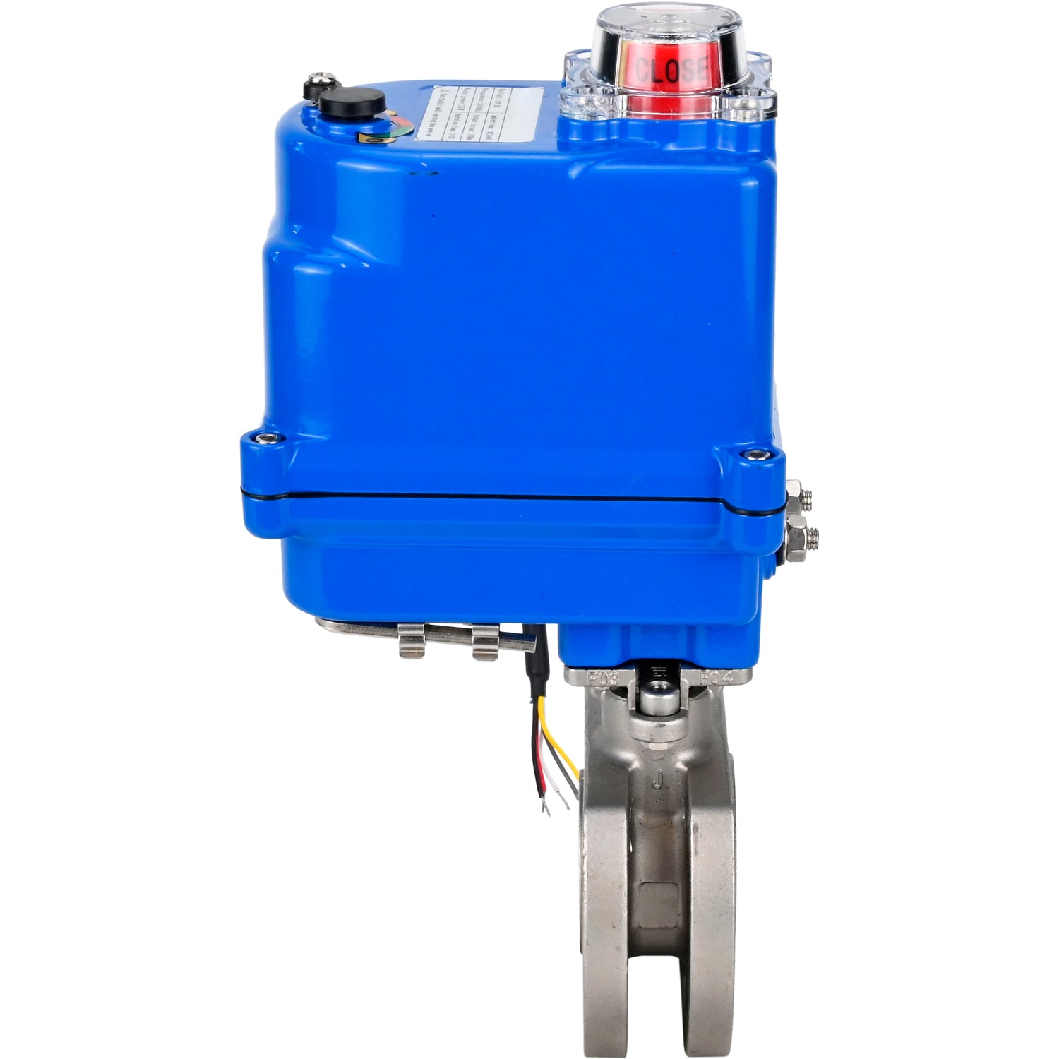 Válvula de bola de acero inoxidable Elephant BV3232P-FP-Fb PSI232, material del cuerpo - acero inoxidable AISI 316, junta - PTFE, paso completo, brida compacta, actuador eléctrico Elephant 003 azul 24 V