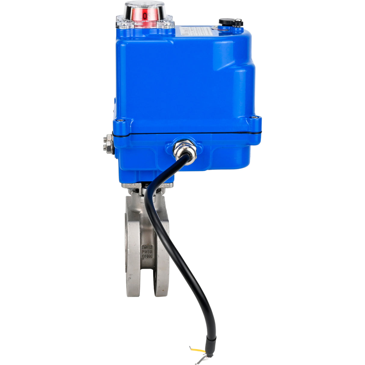 Válvula de bola de acero inoxidable Elephant BV3232P-FP-Fb PSI232, material del cuerpo - acero inoxidable AISI 316, junta - PTFE, paso completo, brida compacta, actuador eléctrico Elephant 003 azul 24 V