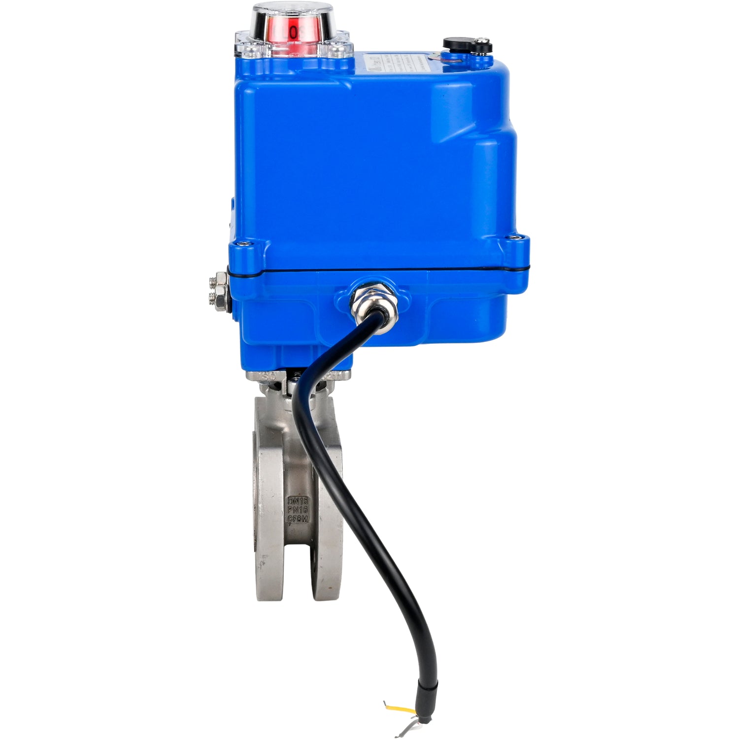 Válvula de bola de acero inoxidable Elephant BV3232P-FP-Fb PSI232, material del cuerpo - acero inoxidable AISI 316, junta - PTFE, paso completo, brida compacta, actuador eléctrico Elephant 003 azul 24 V