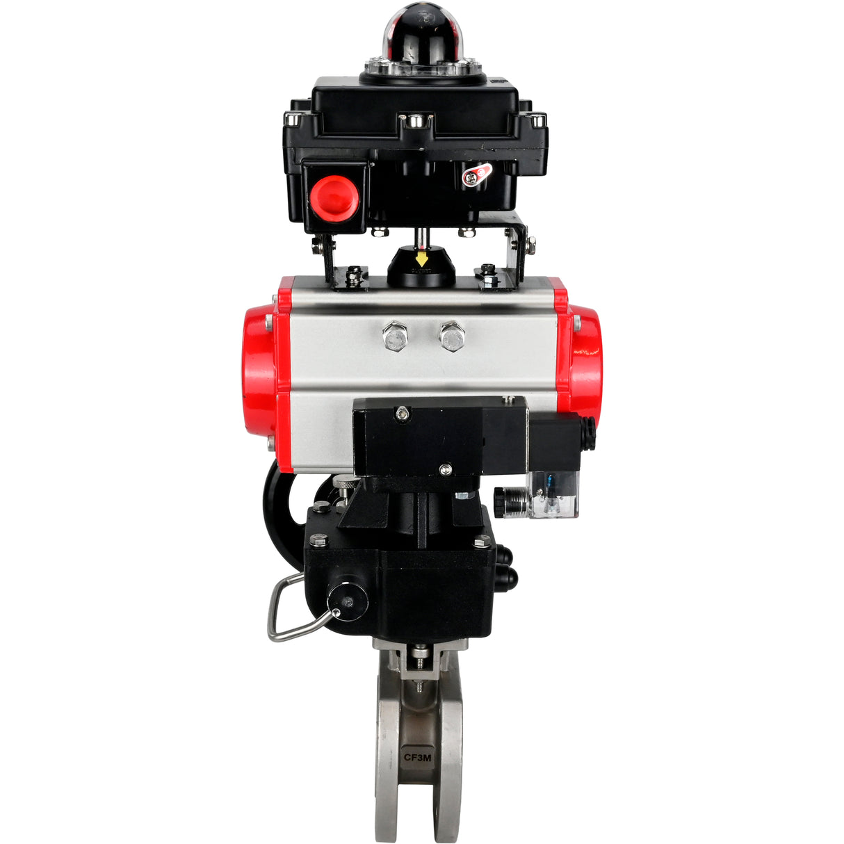 Válvula de bola de acero inoxidable Elephant BVсFP.316.200 PSI232, paso completo, brida compacta, actuador neumático Elephant DA doble efecto, anulación manual HDM, distribuidor neumático 4M310-08 24 V, bloque de interruptores de límite APL-410N EX