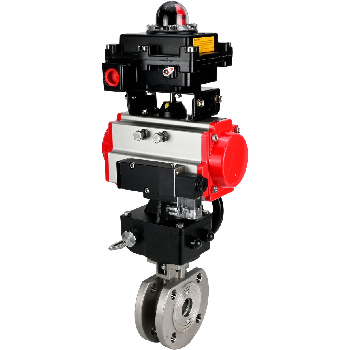 Válvula de bola de acero inoxidable Elephant BVсFP.316.200 PSI232, paso completo, brida compacta, actuador neumático Elephant DA doble efecto, anulación manual HDM, distribuidor neumático 4M310-08 24 V, bloque de interruptores de límite APL-410N EX