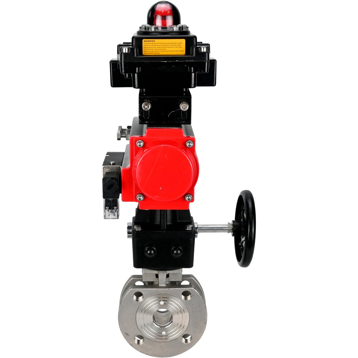 Válvula de bola de acero inoxidable Elephant BVсFP.316.200 PSI232, paso completo, brida compacta, actuador neumático Elephant DA doble efecto, anulación manual HDM, distribuidor neumático 4M310-08 24 V, bloque de interruptores de límite APL-410N EX