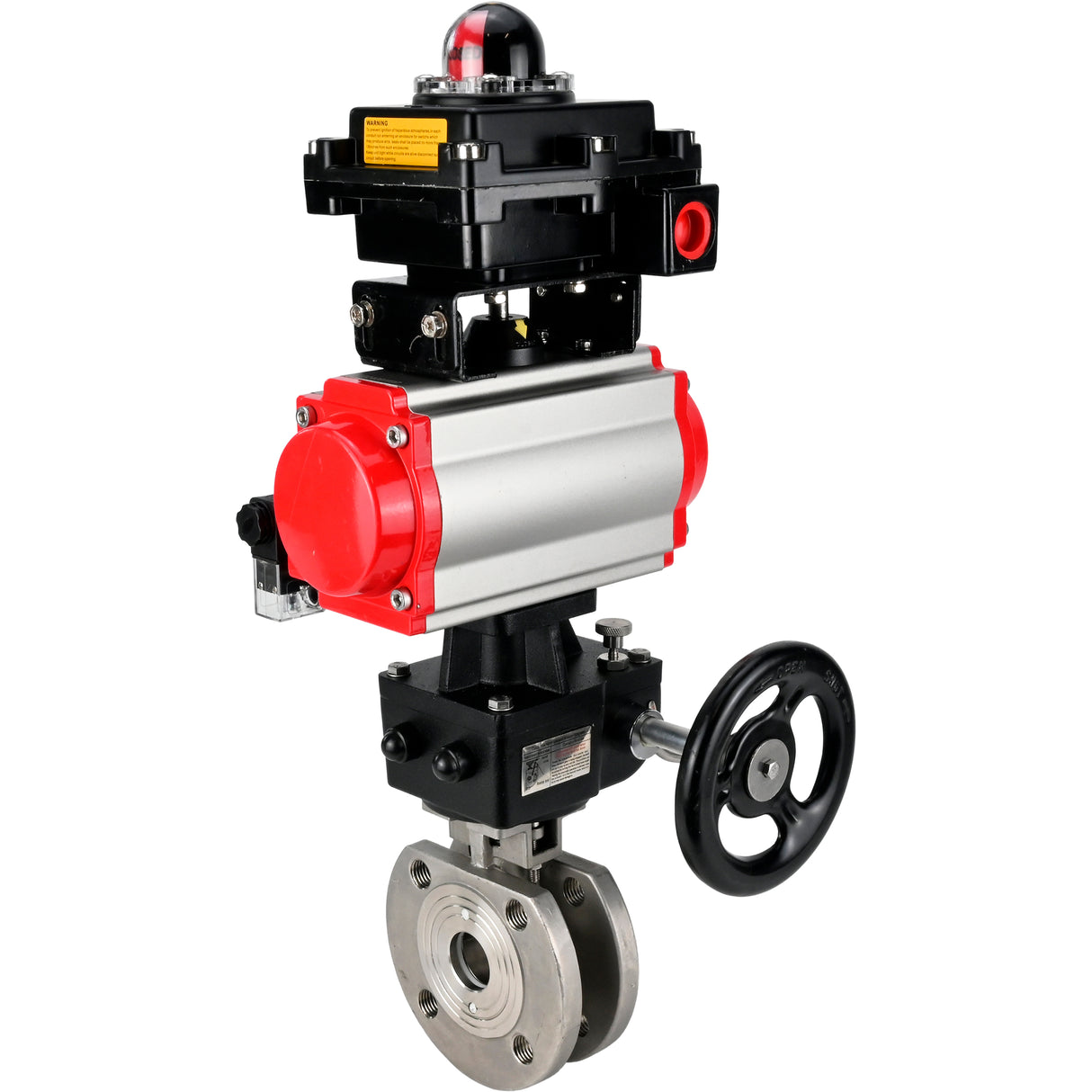 Válvula de bola de acero inoxidable Elephant BVсFP.316.200 PSI232, paso completo, brida compacta, actuador neumático Elephant DA doble efecto, anulación manual HDM, distribuidor neumático 4M310-08 24 V, bloque de interruptores de límite APL-410N EX