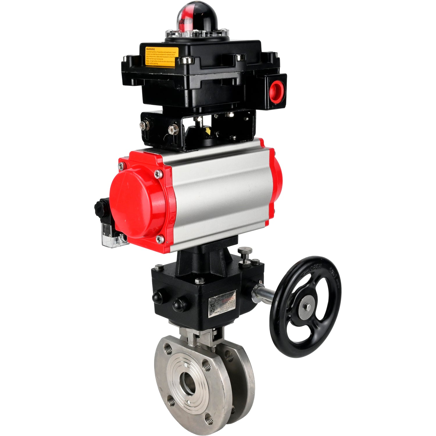 Válvula de bola de acero inoxidable Elephant BVсFP.316.200 PSI232, paso completo, brida compacta, actuador neumático Elephant DA doble efecto, anulación manual HDM, distribuidor neumático 4M310-08 24 V, bloque de interruptores de límite APL-410N EX