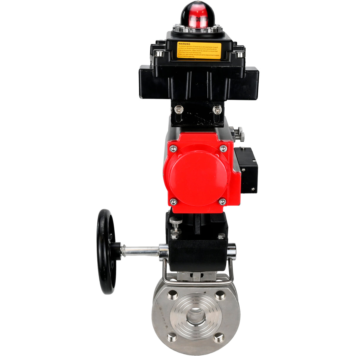 Válvula de bola de acero inoxidable Elephant BVсFP.316.200 PSI232, paso completo, brida compacta, actuador neumático Elephant DA doble efecto, anulación manual HDM, distribuidor neumático 4M310-08 24 V, bloque de interruptores de límite APL-410N EX