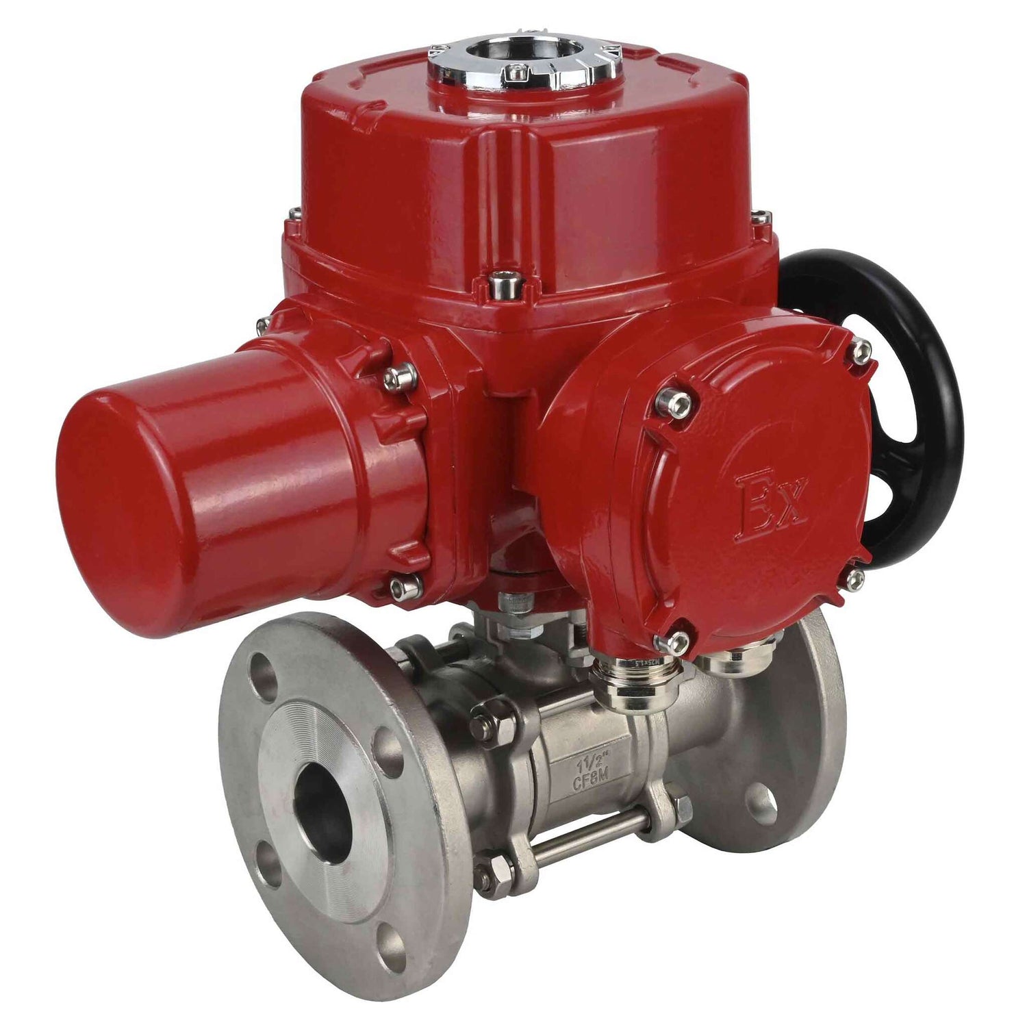 Válvula de bola de acero inoxidable Elephant BVFPT.316.180 de tres piezas, material del cuerpo - acero inoxidable SS316, sello - PTFE, brida, paso completo, actuador eléctrico de cuarto de vuelta Elephant QT-W (M) EX 380 V