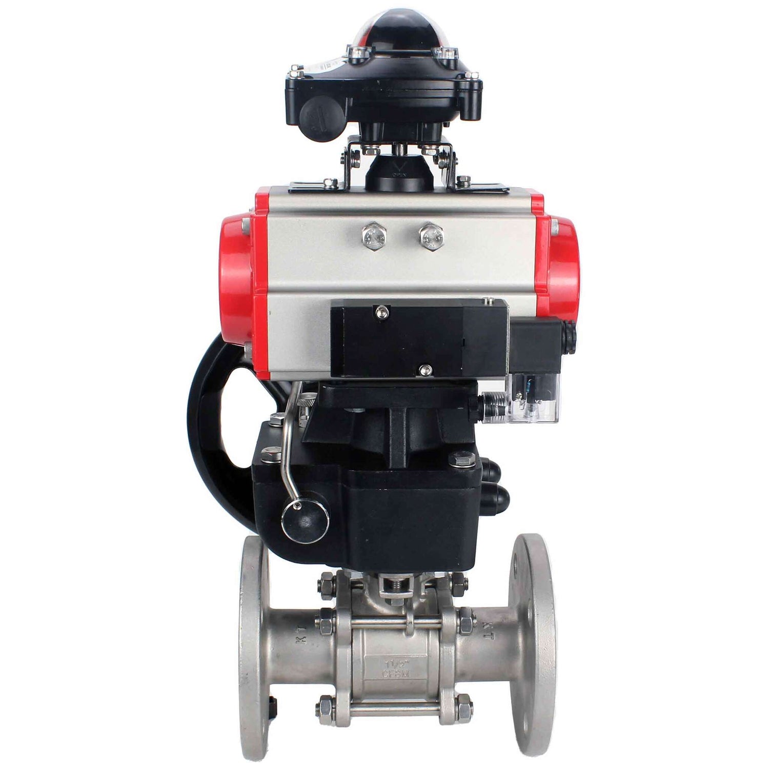 Válvula de bola de acero inoxidable Elephant ksfpt-304-180-da-4m310-24v-apl210n-hdm, material del cuerpo - acero inoxidable AISI 304, material de la bola - acero inoxidable AISI 304, sello - PTFE, actuador neumático operado