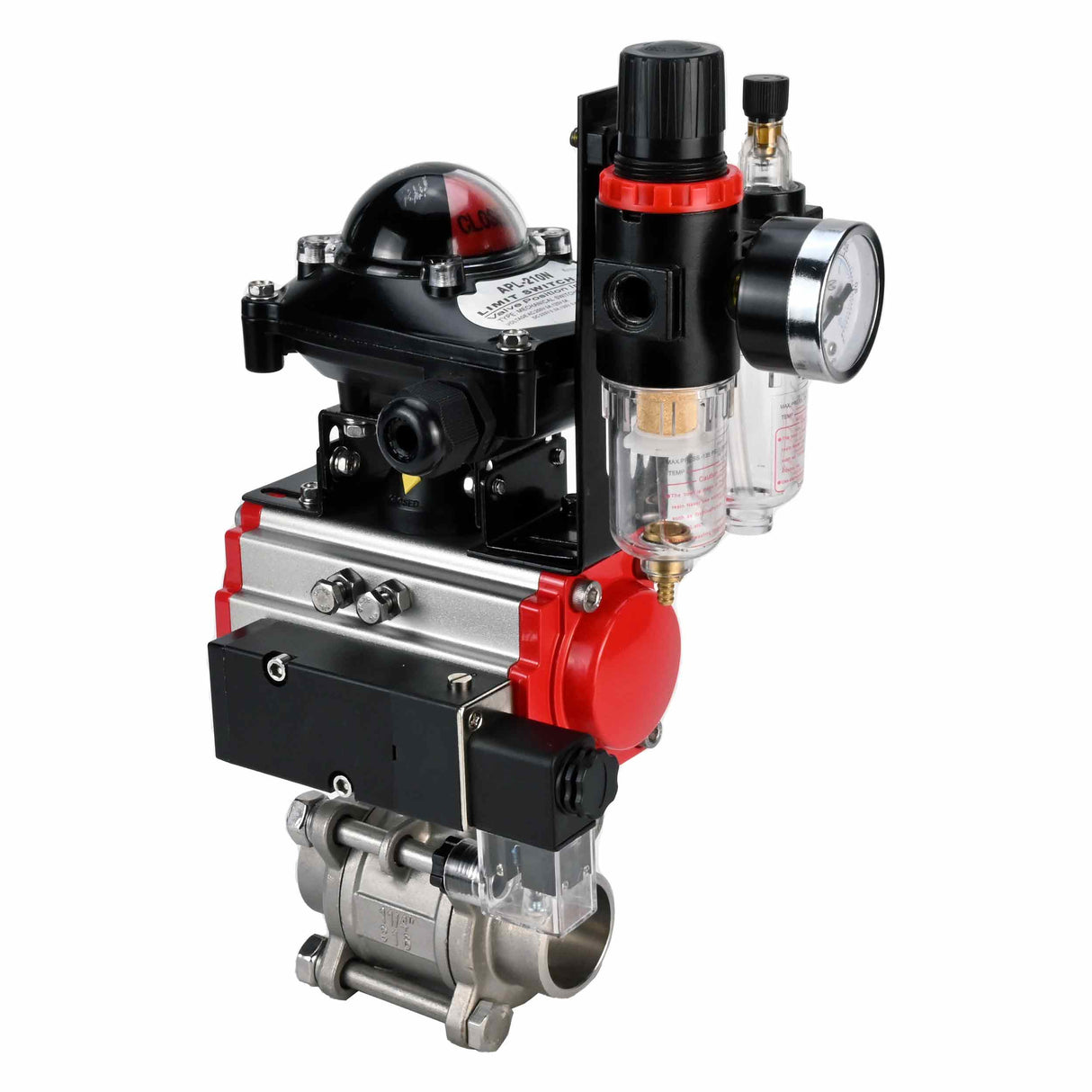 Válvula de bola de acero inoxidable Elephant kshpp-316200-da-4m310-24-apl210n-bpv, material del cuerpo - acero inoxidable AISI 316, material de la bola - acero inoxidable AISI 316, sello - PTFE, actuador neumático operado