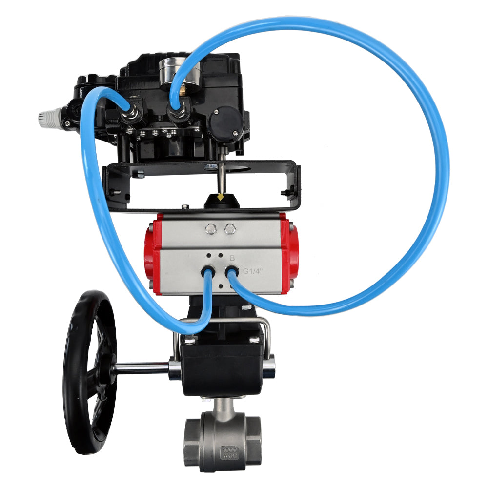 Válvula de bola de acero inoxidable Elephant kshmp316-elephant-da-yt1000rsn-hdm, material del cuerpo - acero inoxidable AISI 316, material de la bola - acero inoxidable AISI 316, sello - PTFE, actuador neumático operado